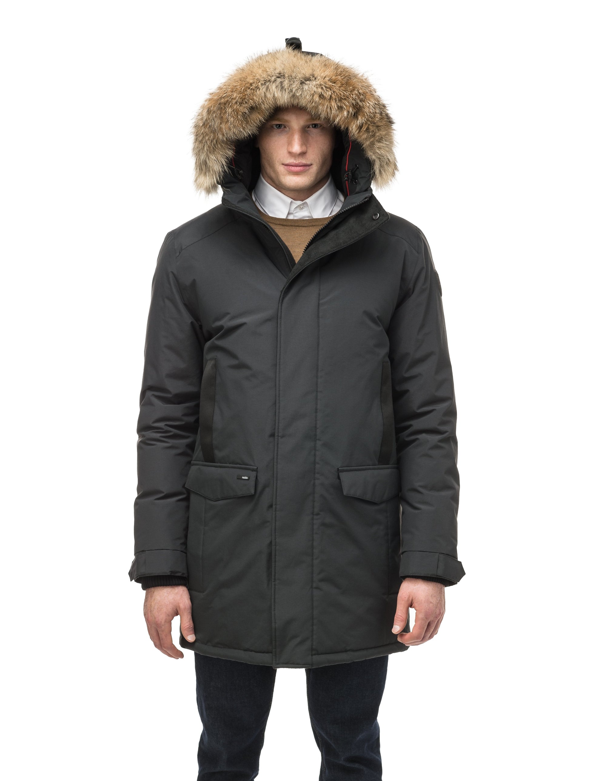 Lightweight men's parka with duck down fill and removable fur trim around the hood in Black