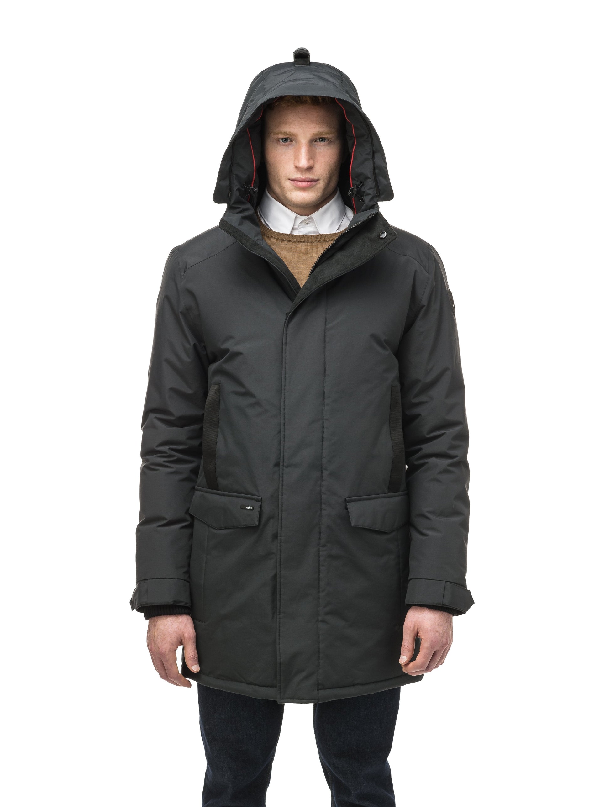 Lightweight men's parka with duck down fill and removable fur trim around the hood in Black