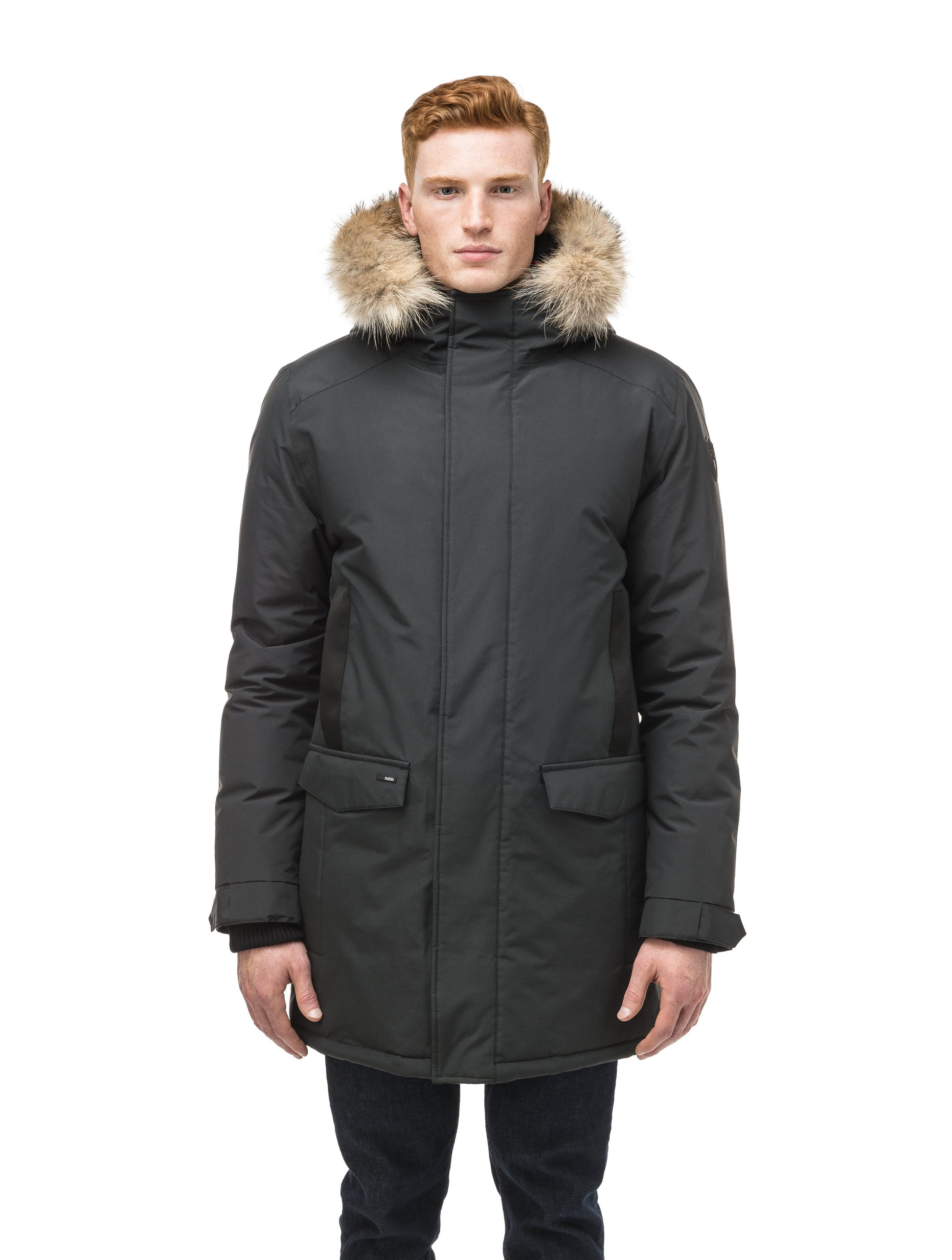 Lightweight men's parka with duck down fill and removable fur trim around the hood in Black