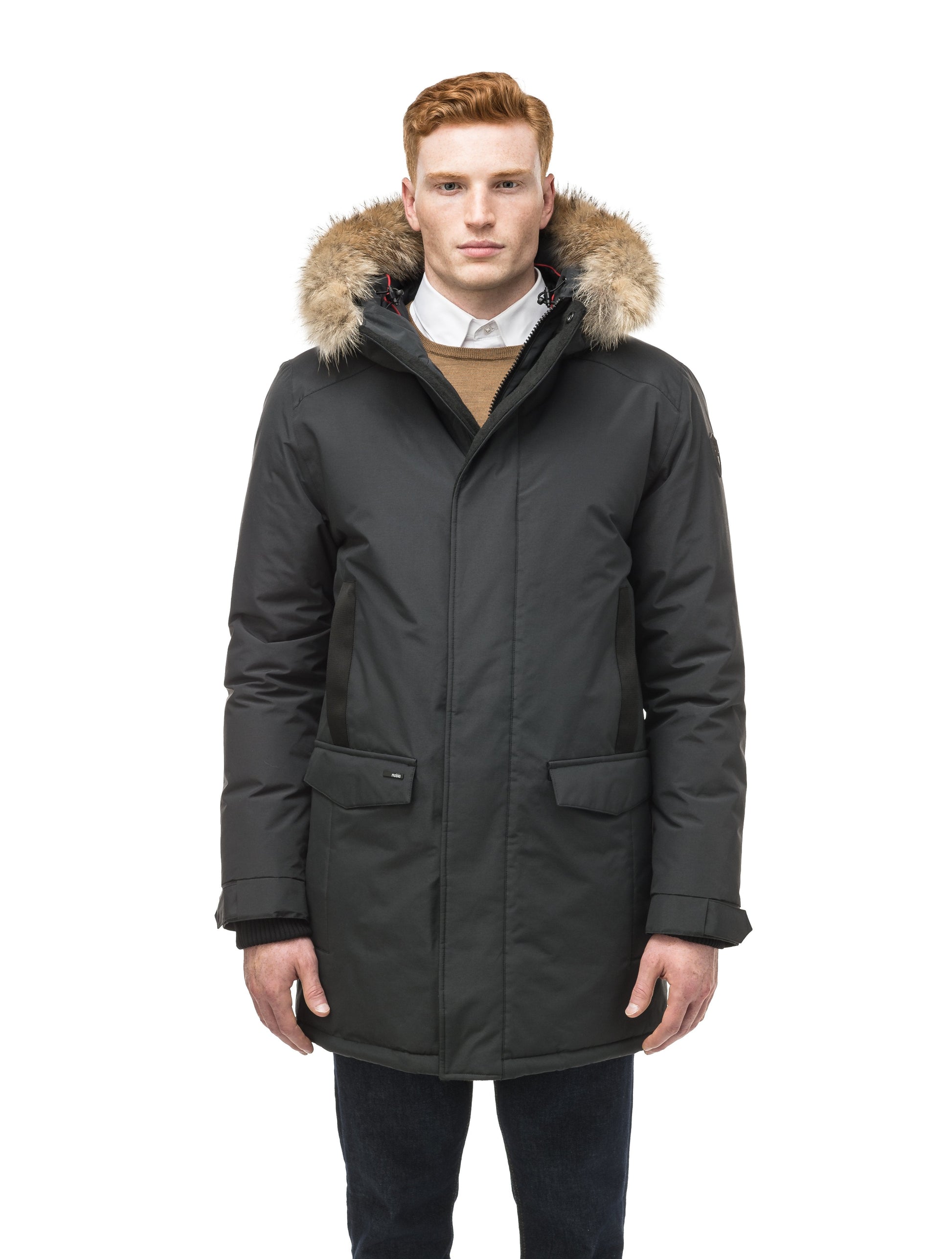 Lightweight men's parka with duck down fill and removable fur trim around the hood in Black