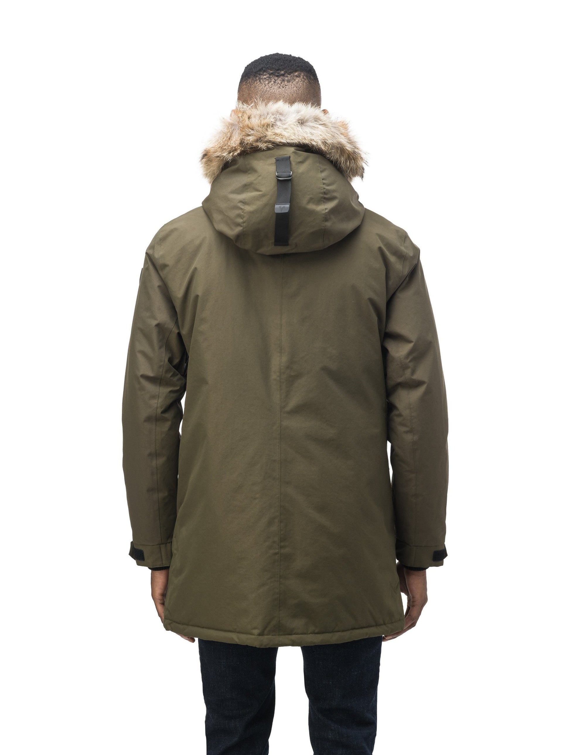 Lightweight men's parka with duck down fill and removable fur trim around the hood in Fatigue