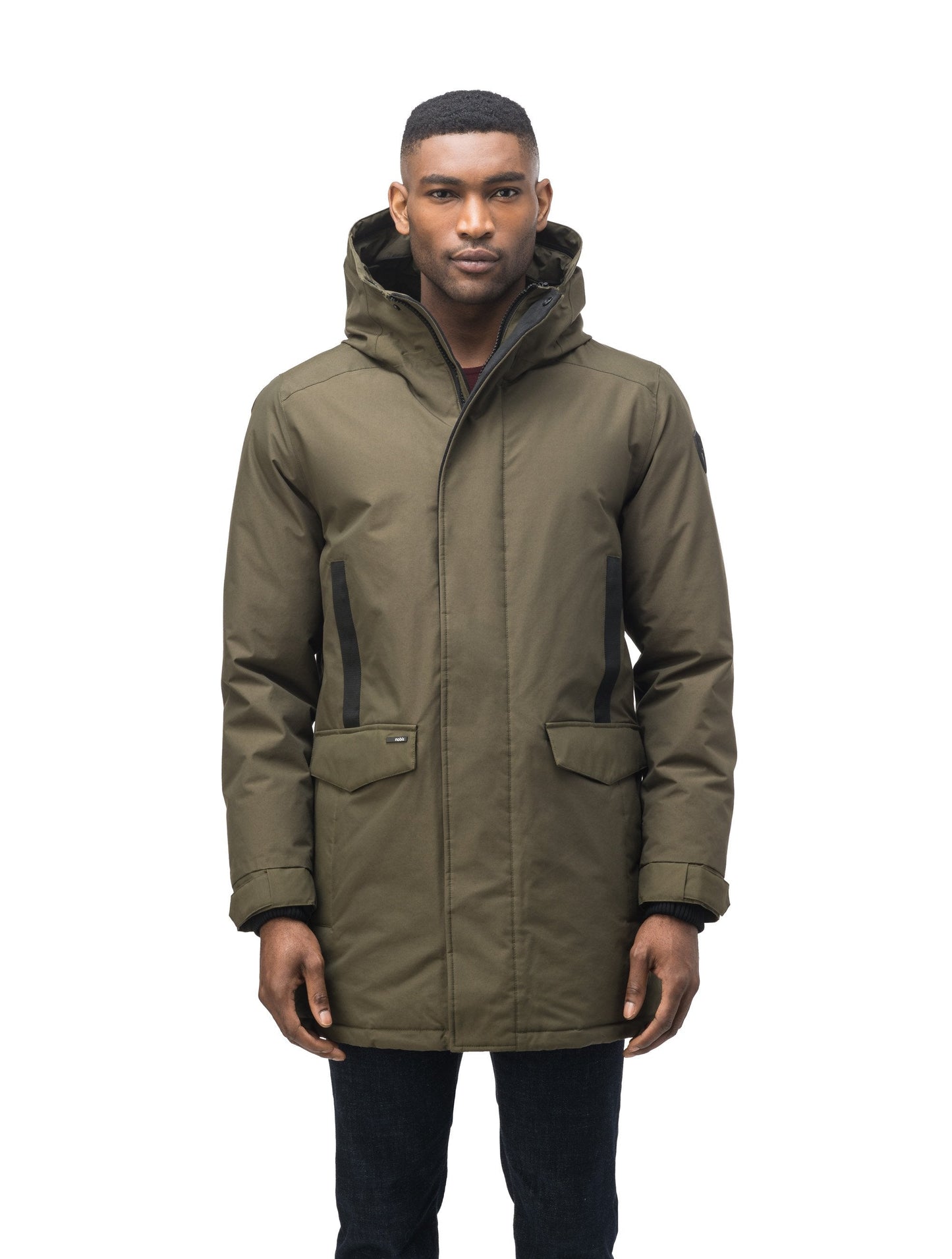 Lightweight men's parka with duck down fill and removable fur trim around the hood in Fatigue