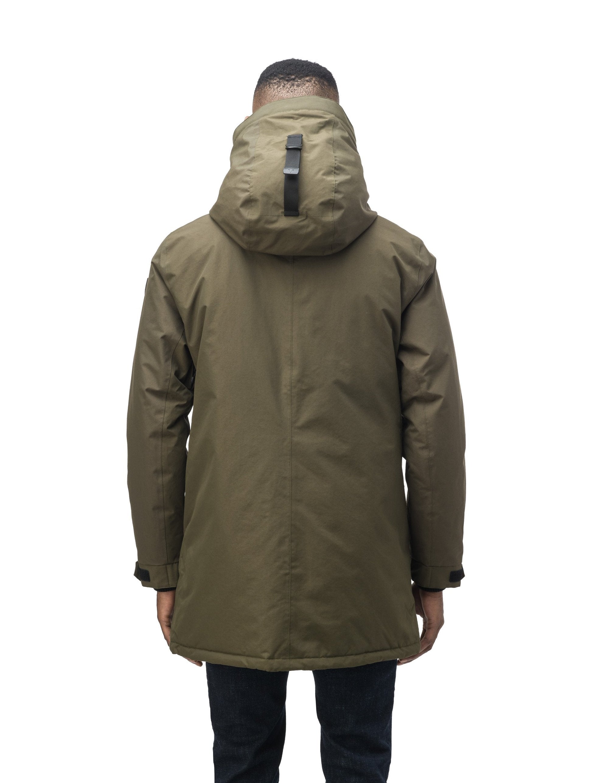 Lightweight men's parka with duck down fill and removable fur trim around the hood in Fatigue