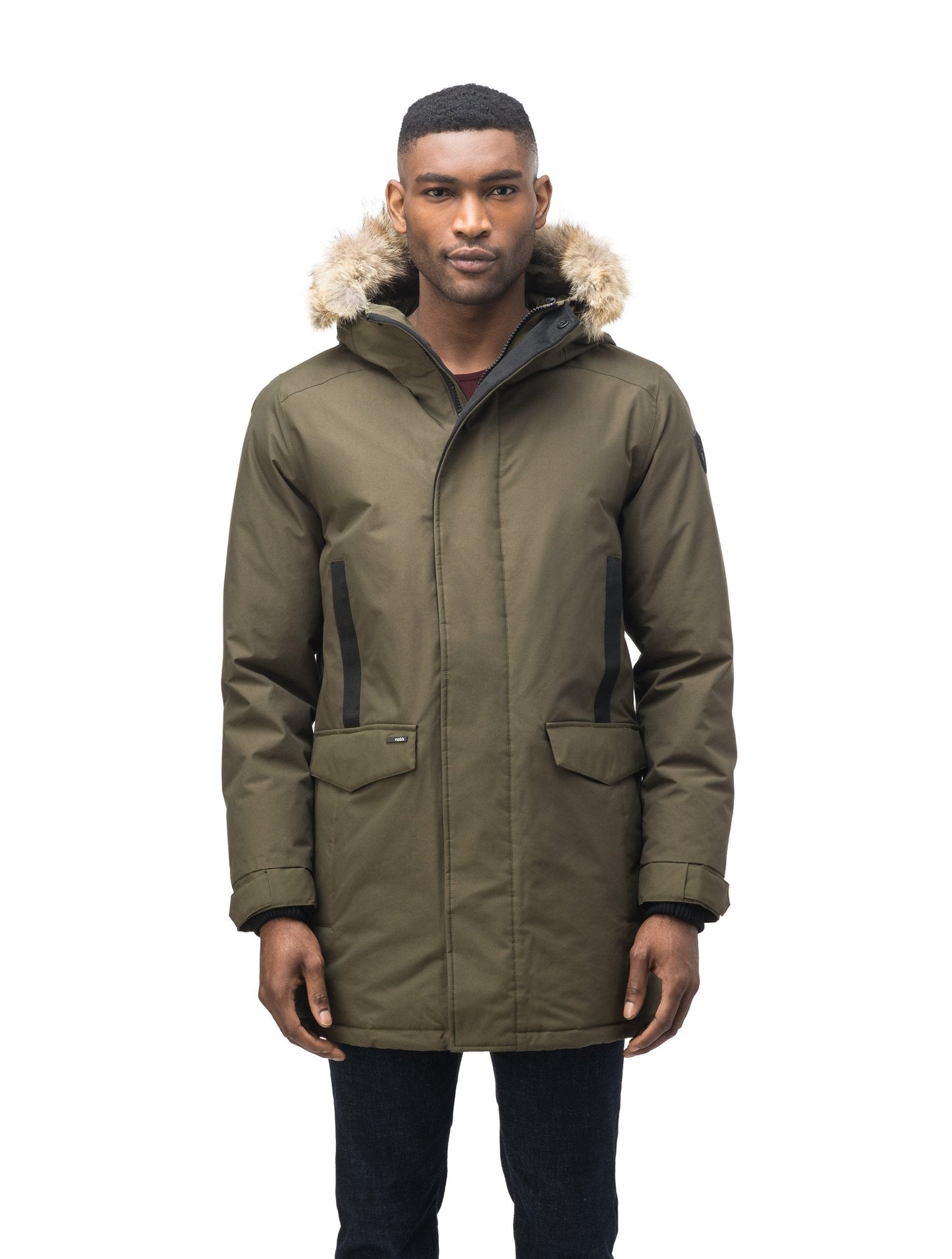 Lightweight men's parka with duck down fill and removable fur trim around the hood in Fatigue