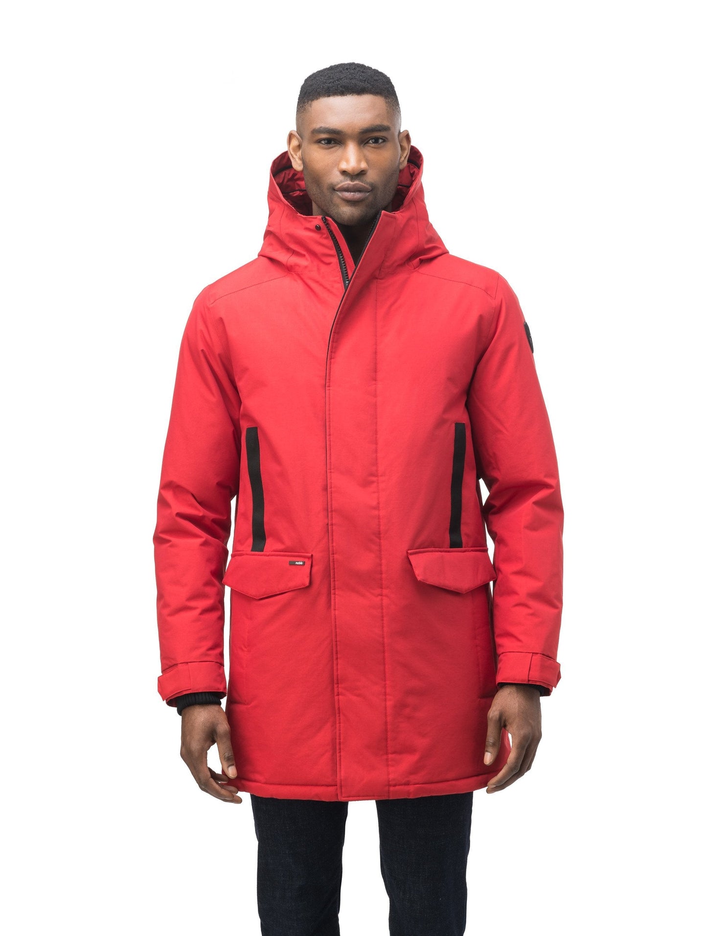 Lightweight men's parka with duck down fill and removable fur trim around the hood in Vermillion