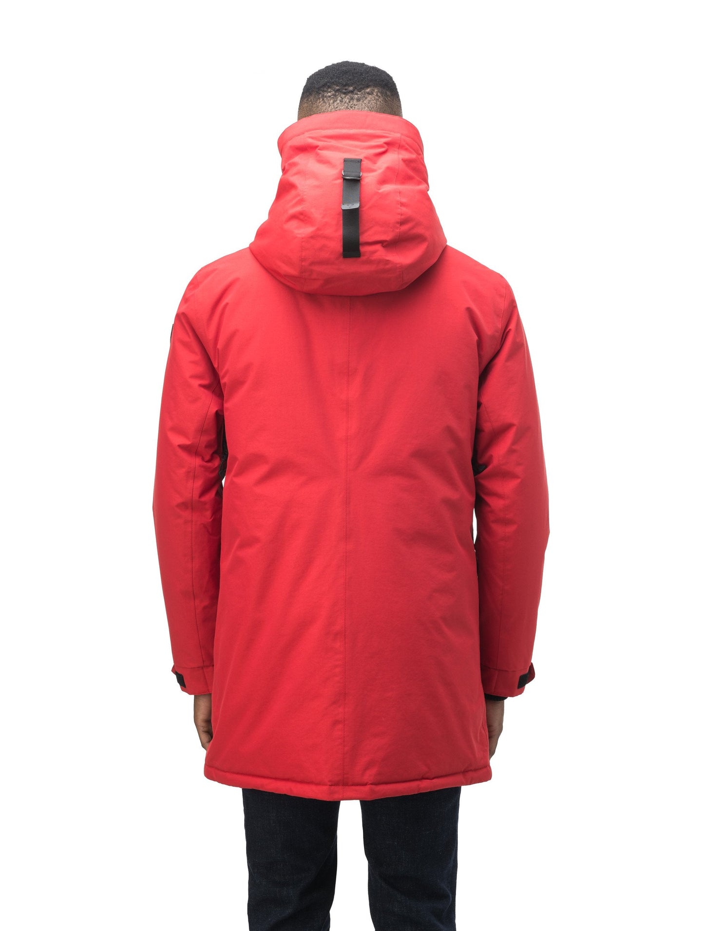 Lightweight men's parka with duck down fill and removable fur trim around the hood in Vermillion