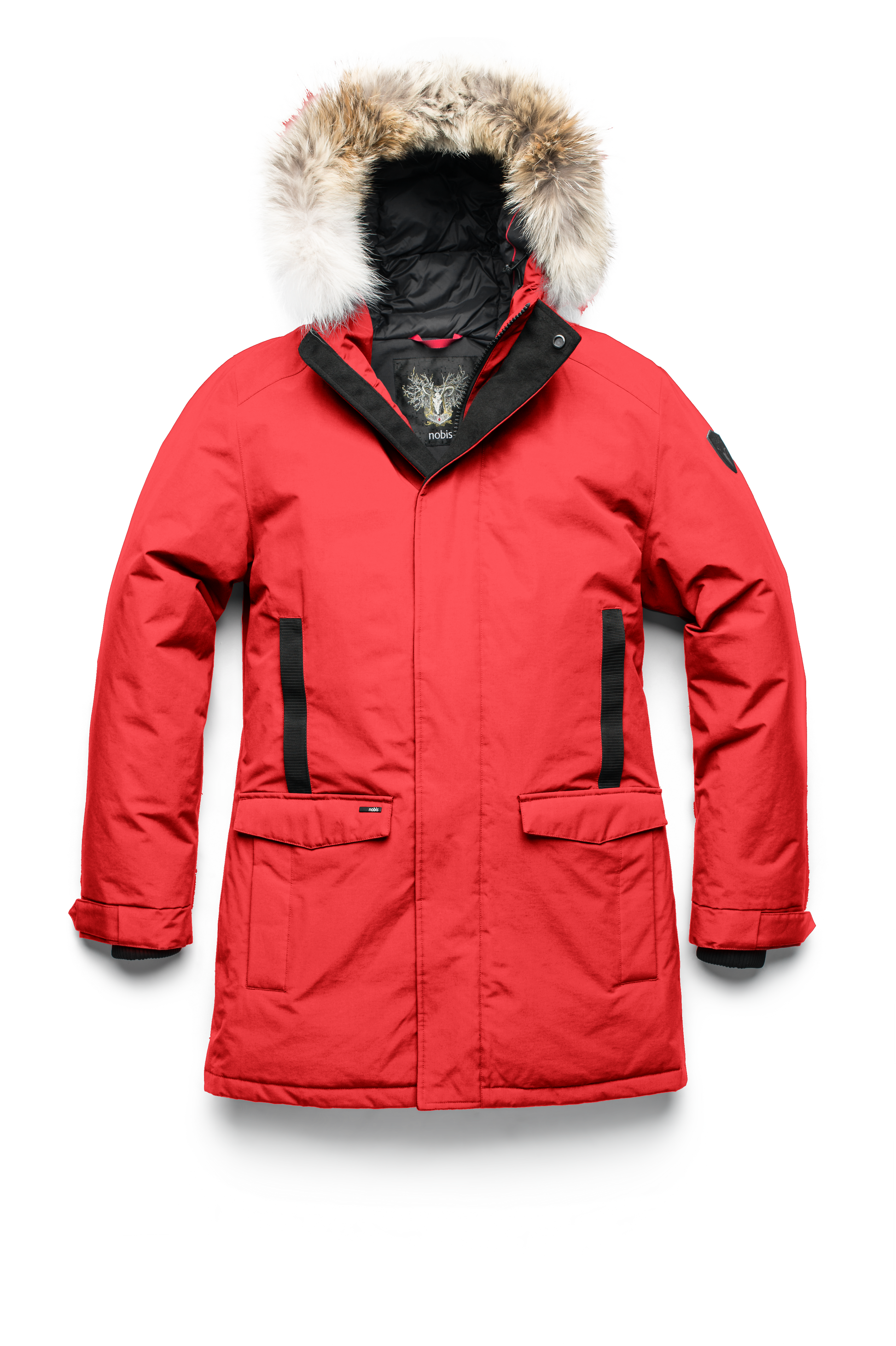 Lightweight men's parka with duck down fill and removable fur trim around the hood in Vermillion