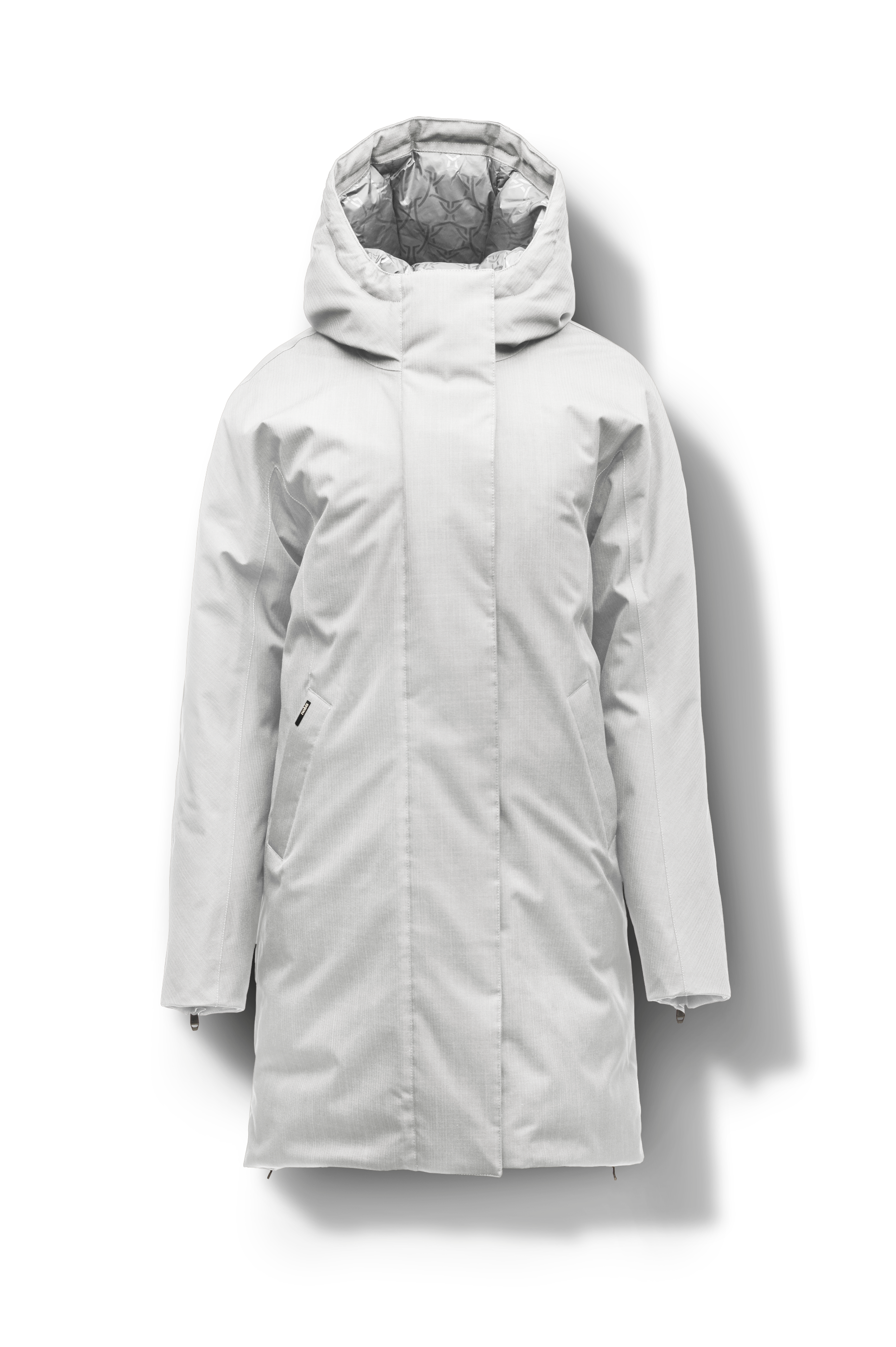 Dory Women's Tailored Back Zip Parka in knee length, premium Crosshatch fabrication, Premium Canadian White Duck Down insulation, non-removable down-filled hood, removable interior hood, centre front two-way zipper with wind flap, vertical zipper detailing along back, in Light Grey