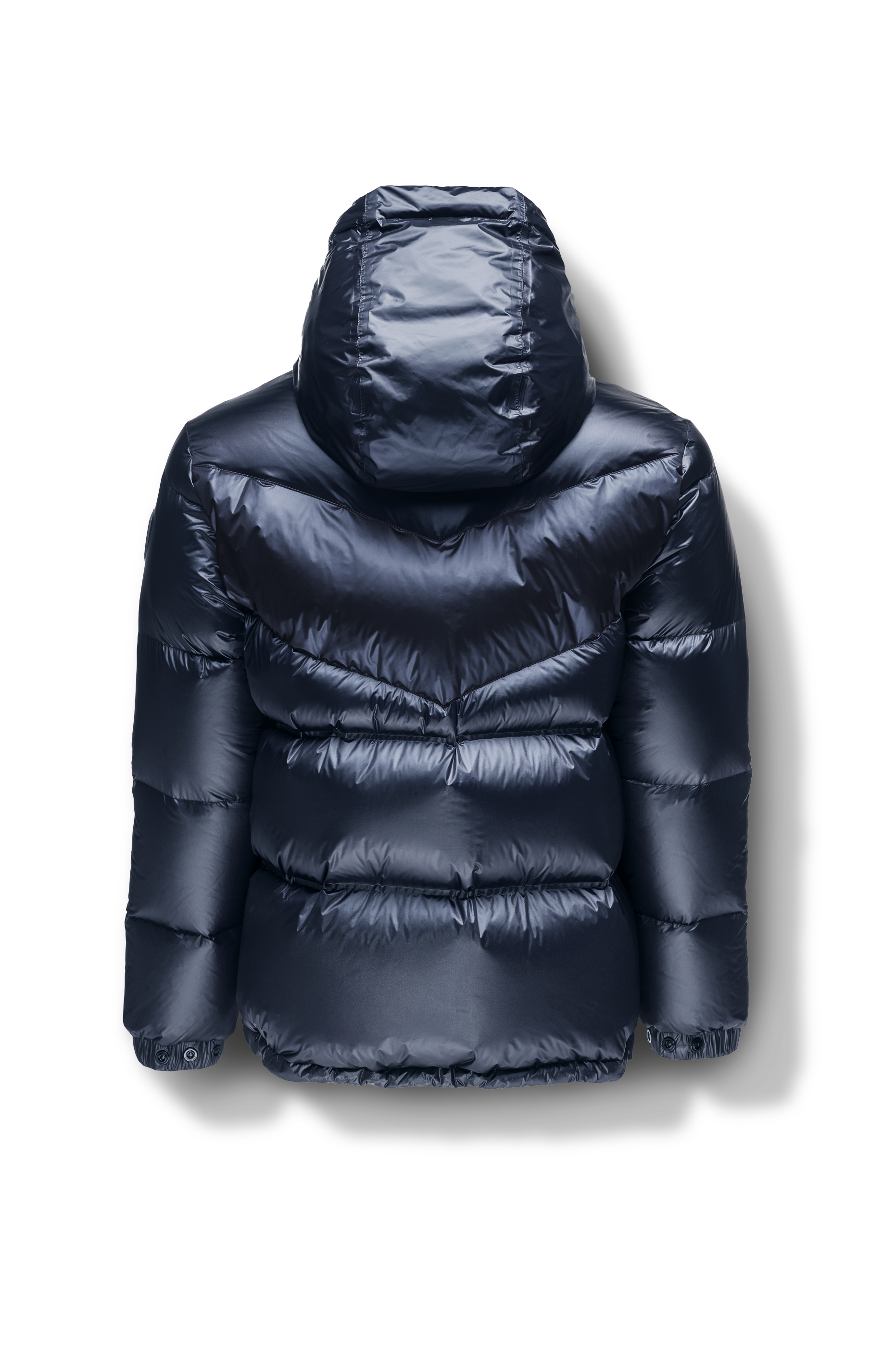 Dyna Men's Chevron Quilted Puffer Jacket in hip length, premium cire technical nylon taffeta fabrication, Premium Canadian origin White Duck Down insulation, non-removable down-filled hood, two-way centre-front zipper, fleece-lined zipper pockets at waist, pit zipper vents, in Navy