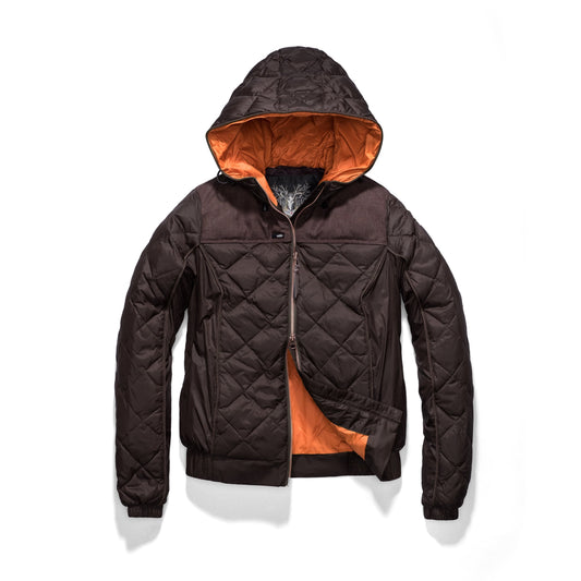 Lightweight women's jacket with hood and quilted pattern featuring a contrasting upper fabric in Dark Brown