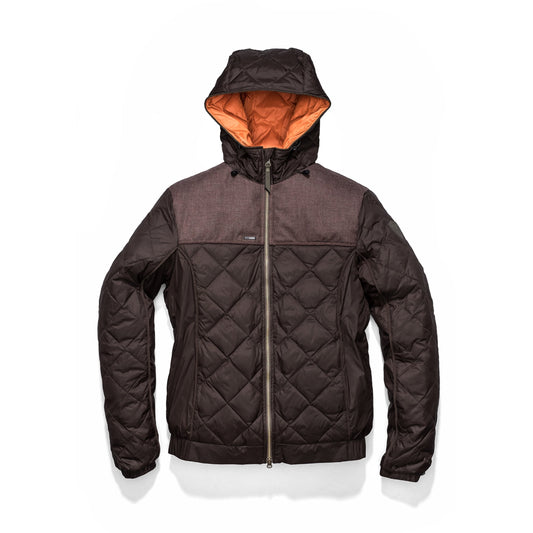 Men's lightweight quilted down hoodie in Dk Brown/H Burgundy + Dk Brown/H Burgundy