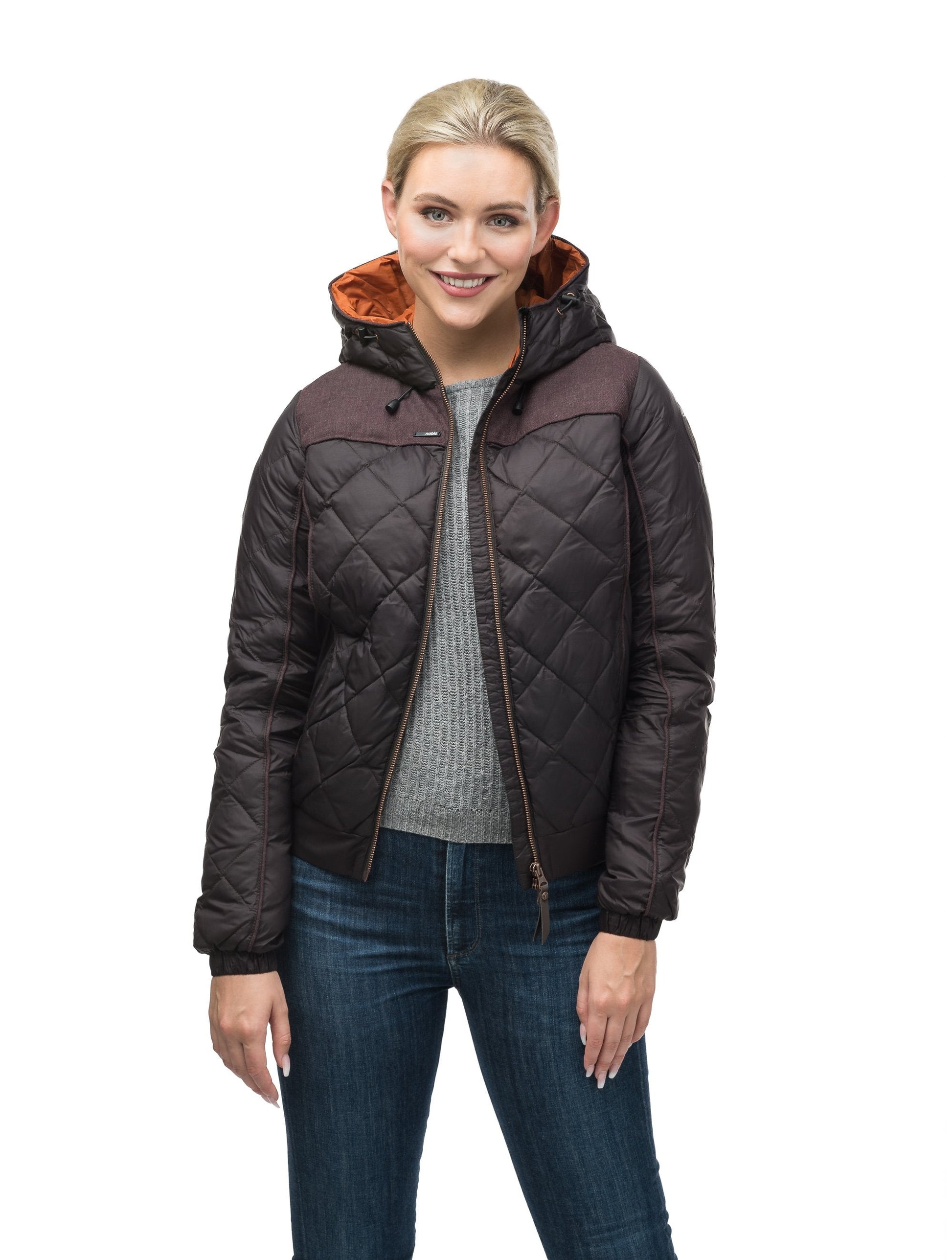 Lightweight women's jacket with hood and quilted pattern featuring a contrasting upper fabric in Dark Brown