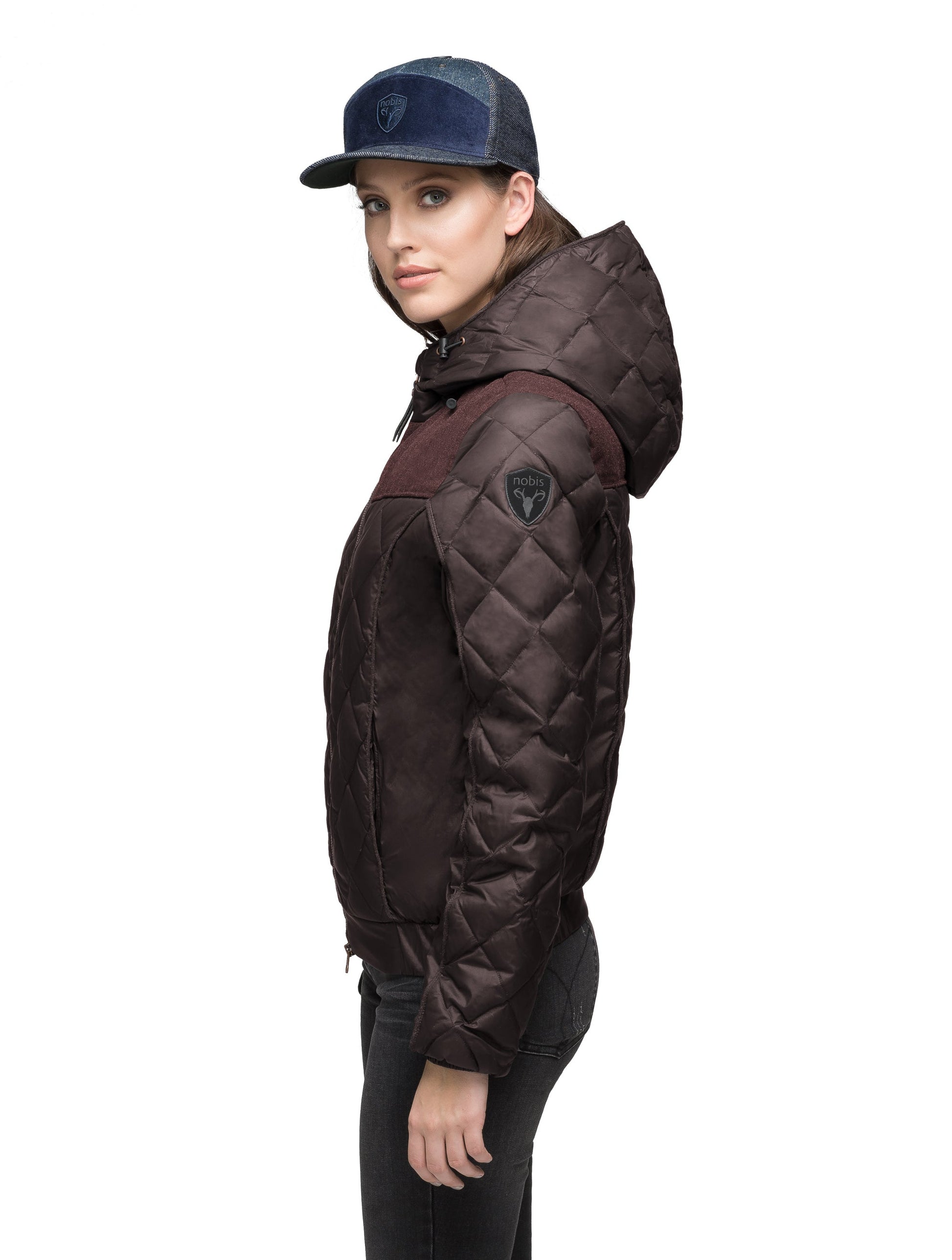 Lightweight women's jacket with hood and quilted pattern featuring a contrasting upper fabric in Dark Brown