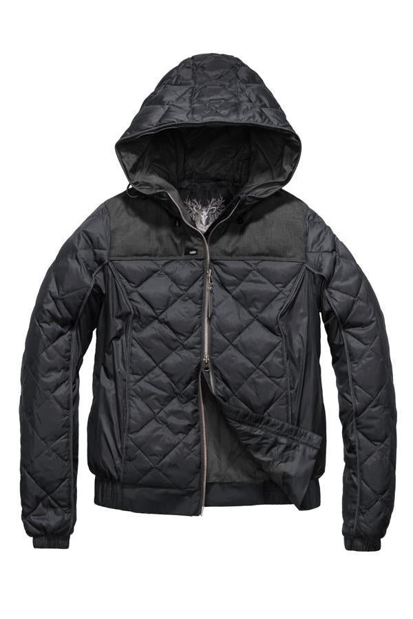 Lightweight women's jacket with hood and quilted pattern featuring a contrasting upper fabric in Black