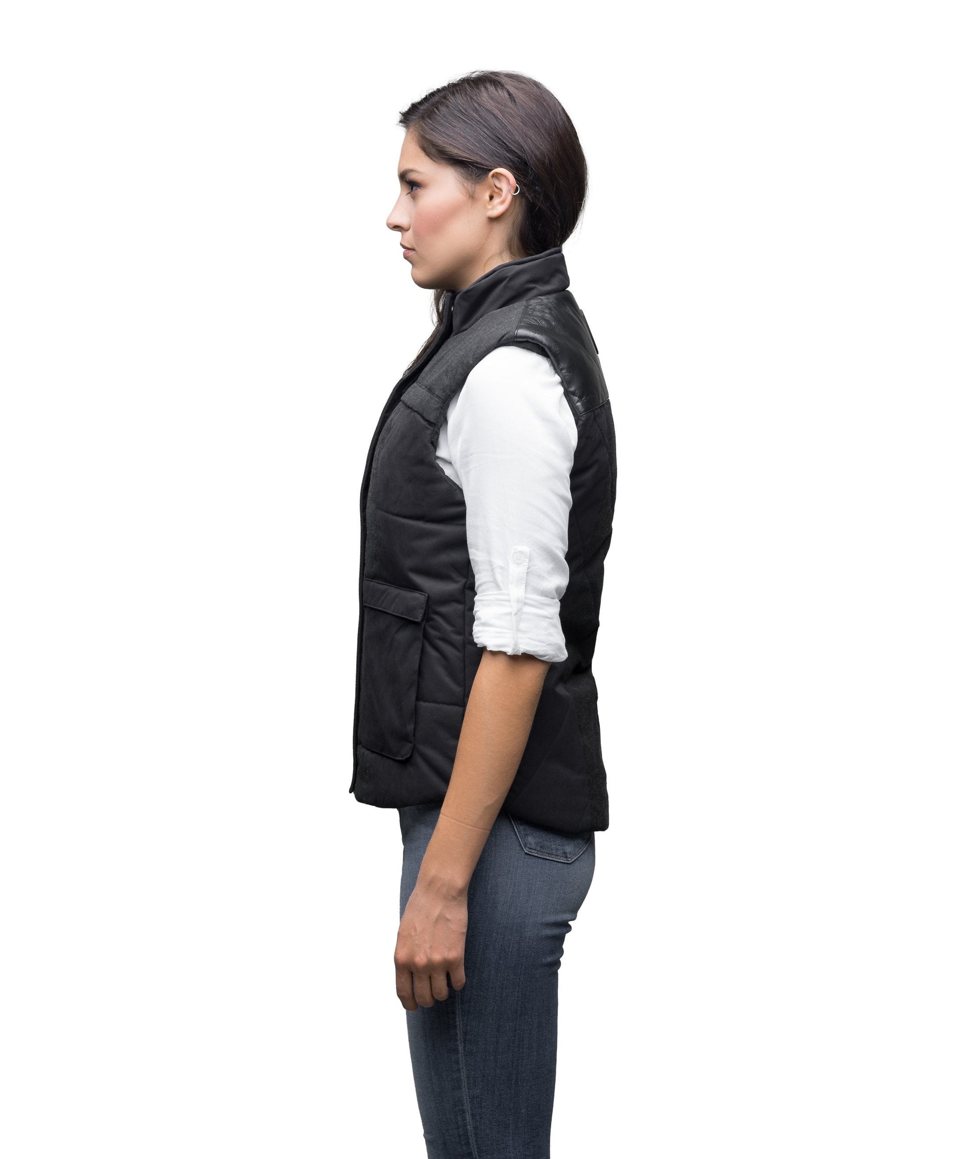 Women's down filled vest that features a 925 Sterling Silver Nobis Skull in Black