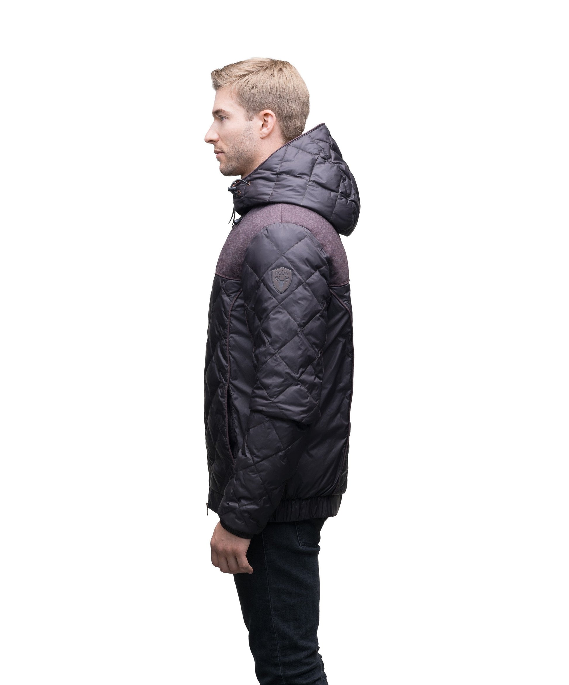 Men's lightweight quilted down hoodie in Dk Brown/H Burgundy