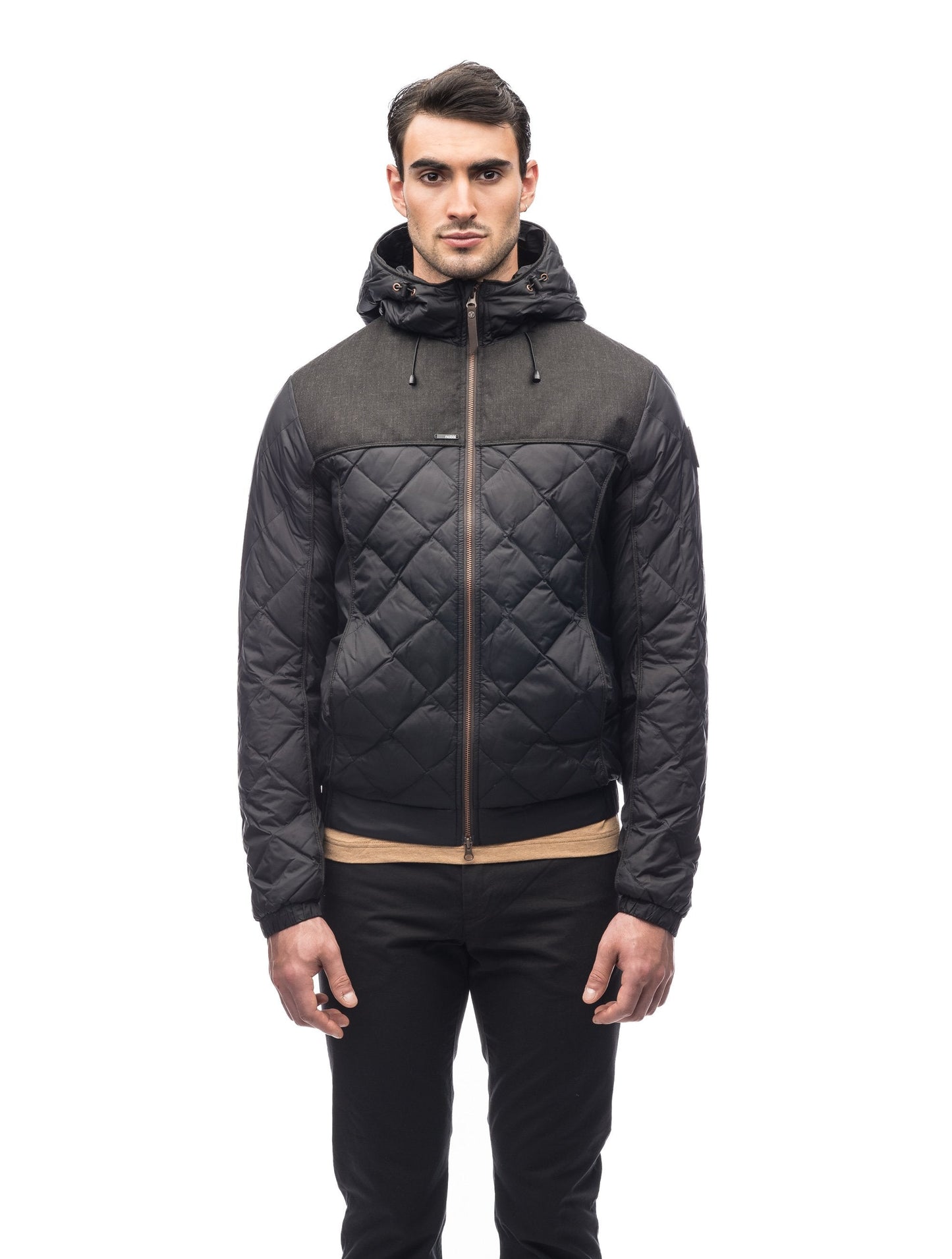 Men's lightweight quilted down hoodie in Black/H. Black