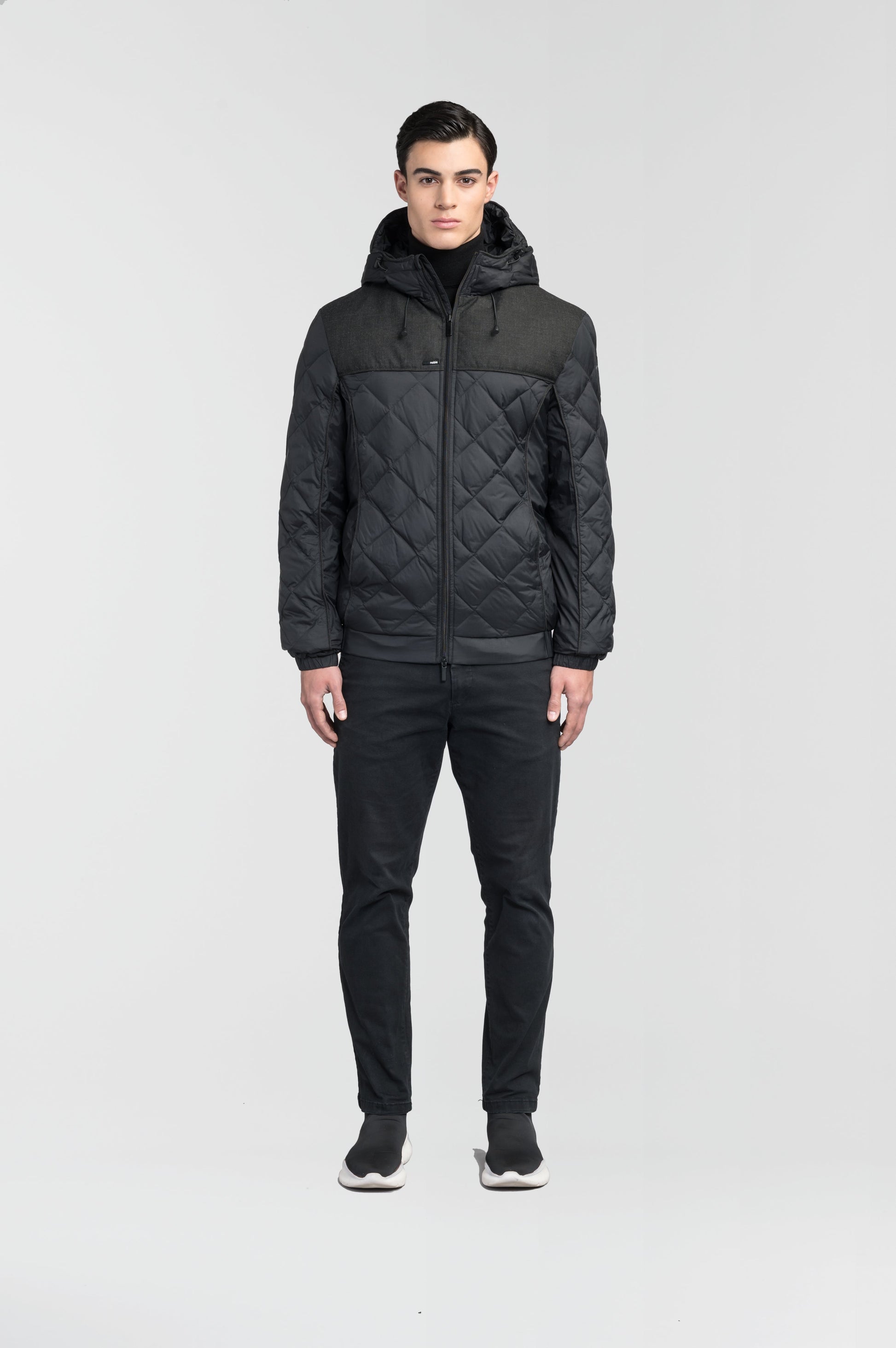 Men's lightweight quilted down hoodie in Black/H. Black