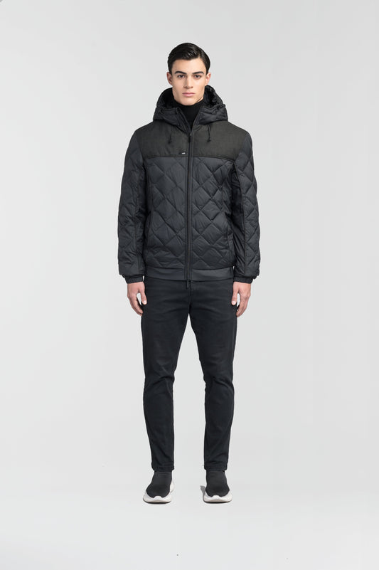 Men's lightweight quilted down hoodie in Black/H. Black + Black/H. Black