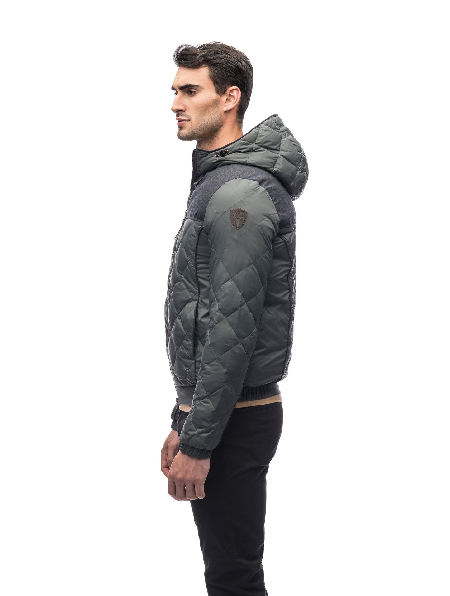 Men's lightweight quilted down hoodie in Foggy Blue/H. Navy