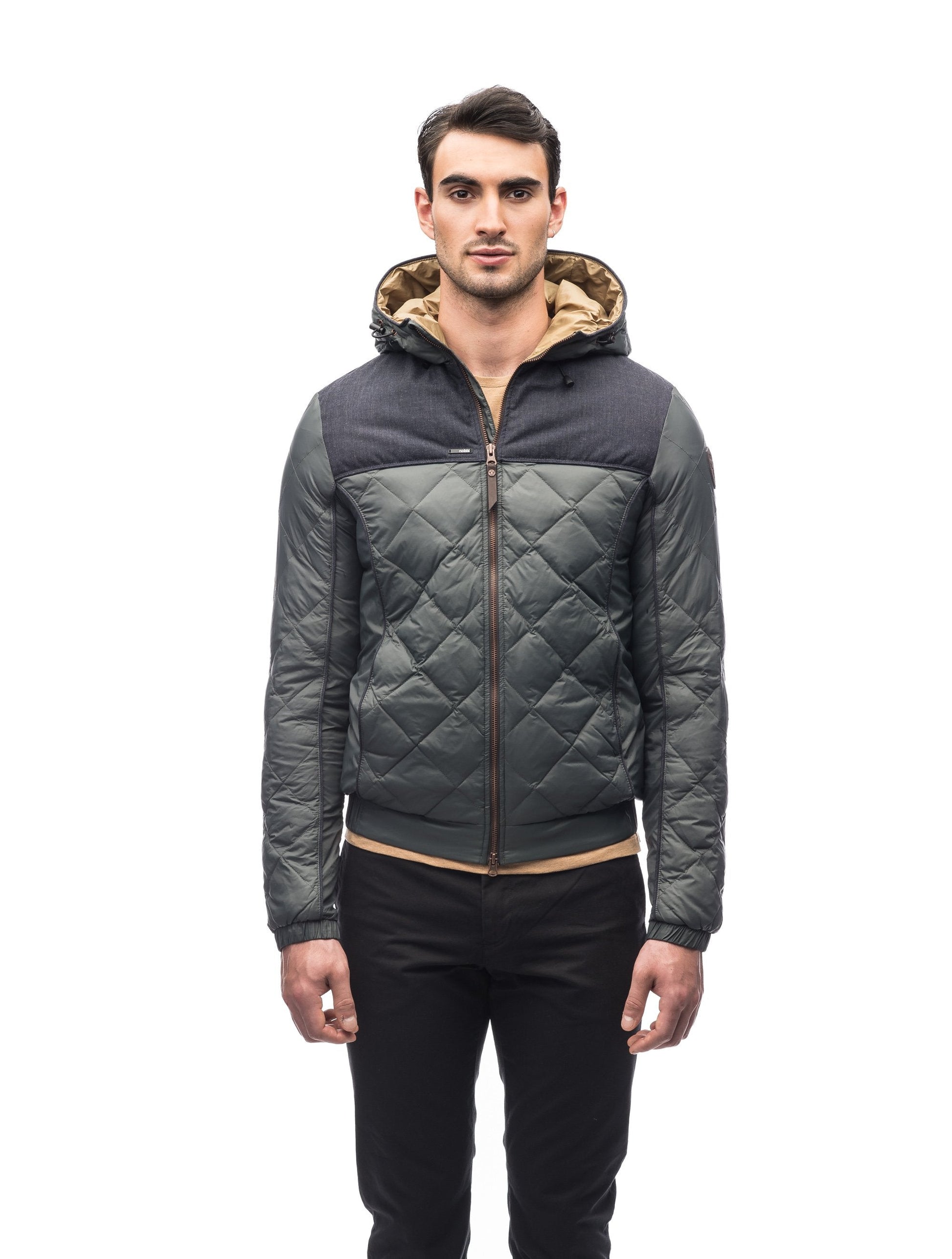 Men's lightweight quilted down hoodie in Foggy Blue/H. Navy