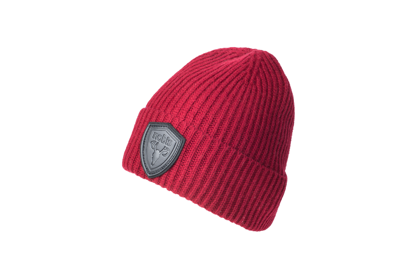 Emer Unisex Tailored Chunky Knit Beanie in extra fine merino wool blend, and black leather Nobis shield logo on cuff, in Rio Red