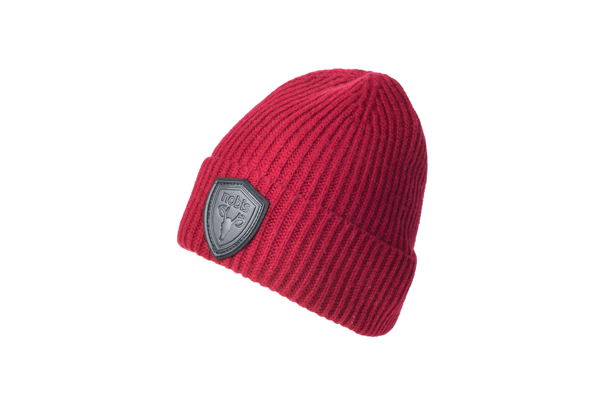 Emer Unisex Tailored Chunky Knit Beanie in extra fine merino wool blend, and black leather Nobis shield logo on cuff, in Rio Red