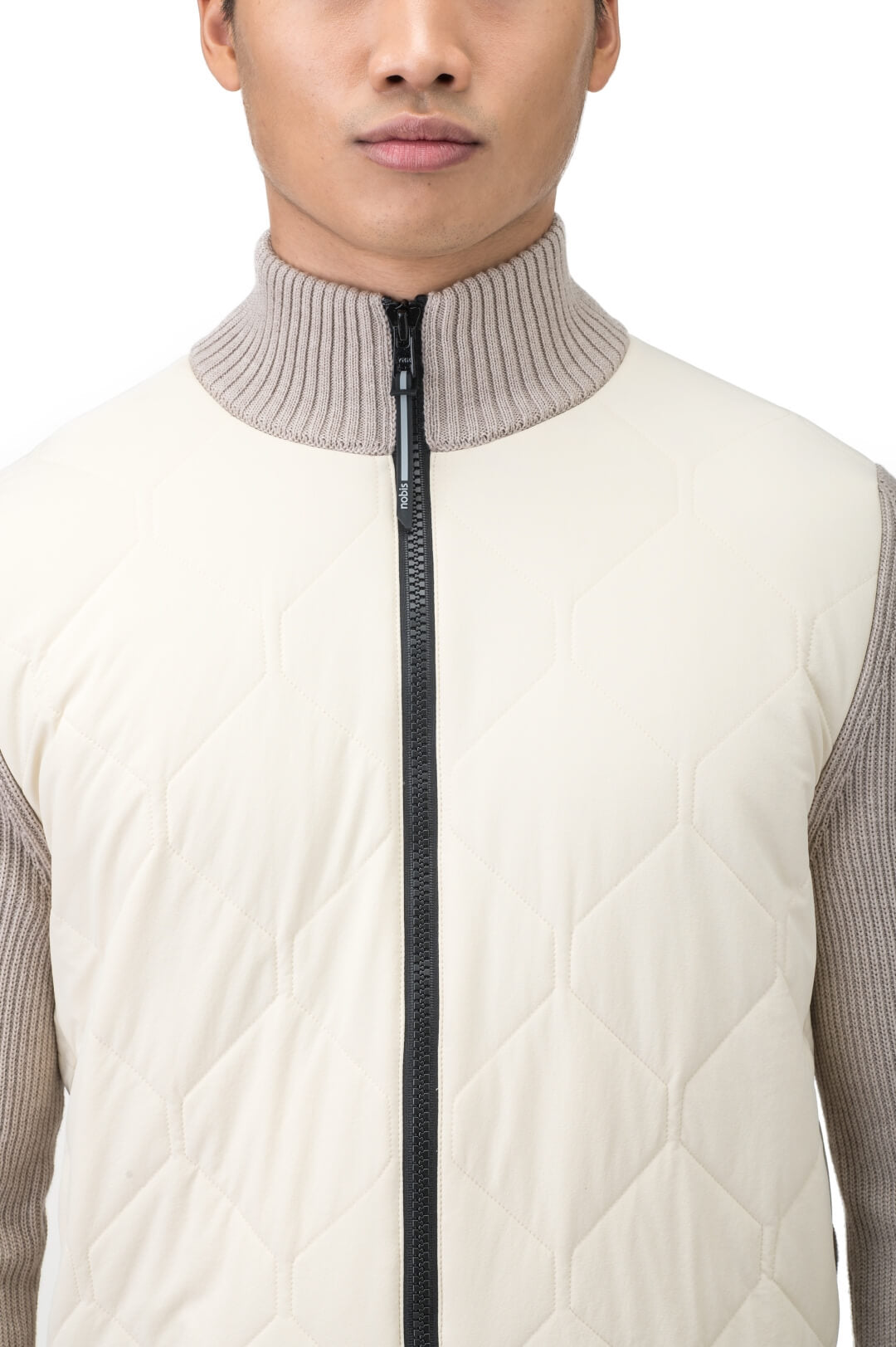 Ero Men's Tailored Hybrid Sweater in hip length, PrimaLoft Gold Insulation Active+, Durable 4-Way Stretch Weave quilted torso, Merino wool knit collar, sleeves, back, and cuffs, two-way front zipper, and hidden waist pockets, in Wheat