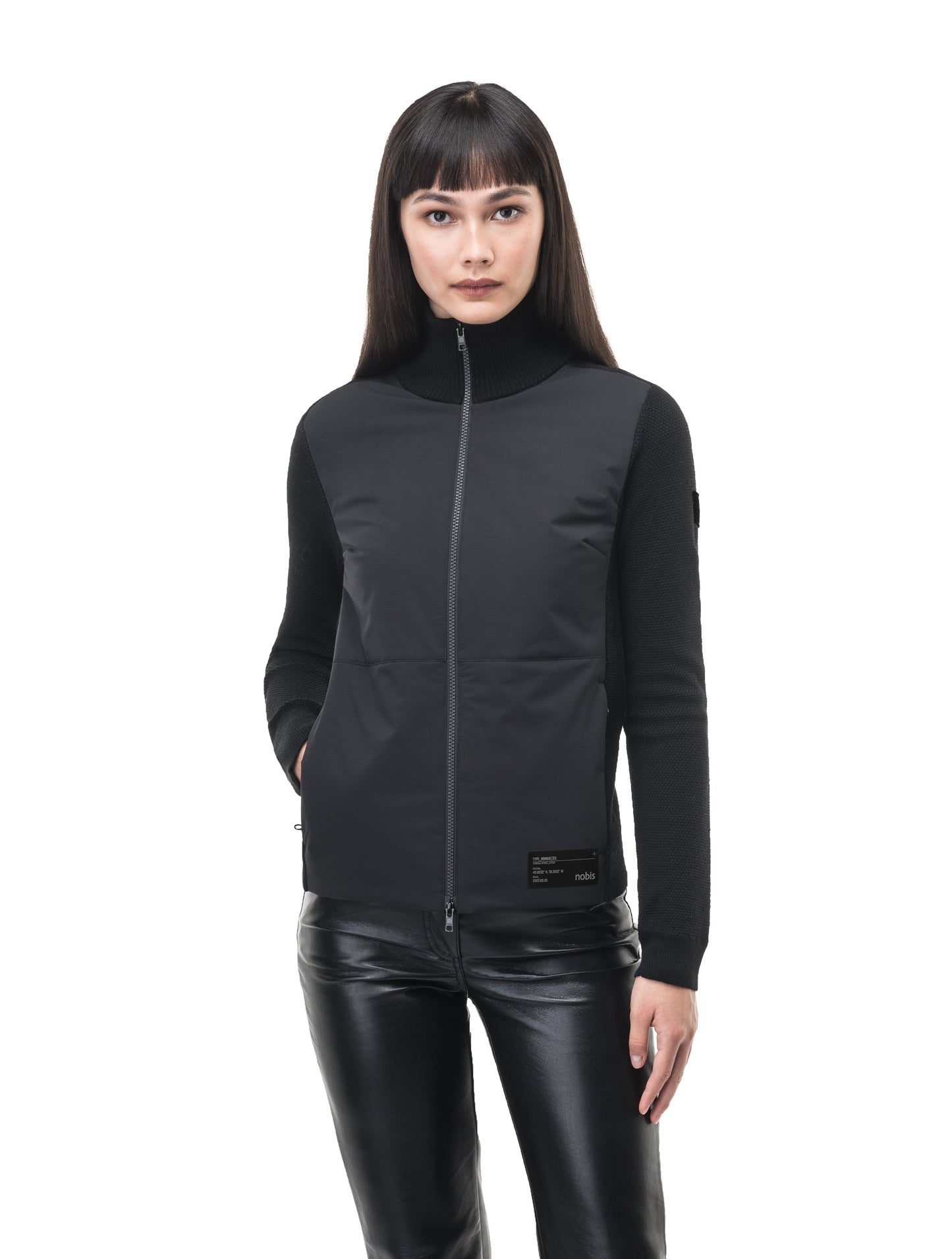 Evo Ladies Performance Full Zip Sweater in hip length, Primaloft Gold Insulation Active+, Merion wool knit collar, sleeves, back, and cuffs, two-way front zipper, and hidden waist pockets, in Black