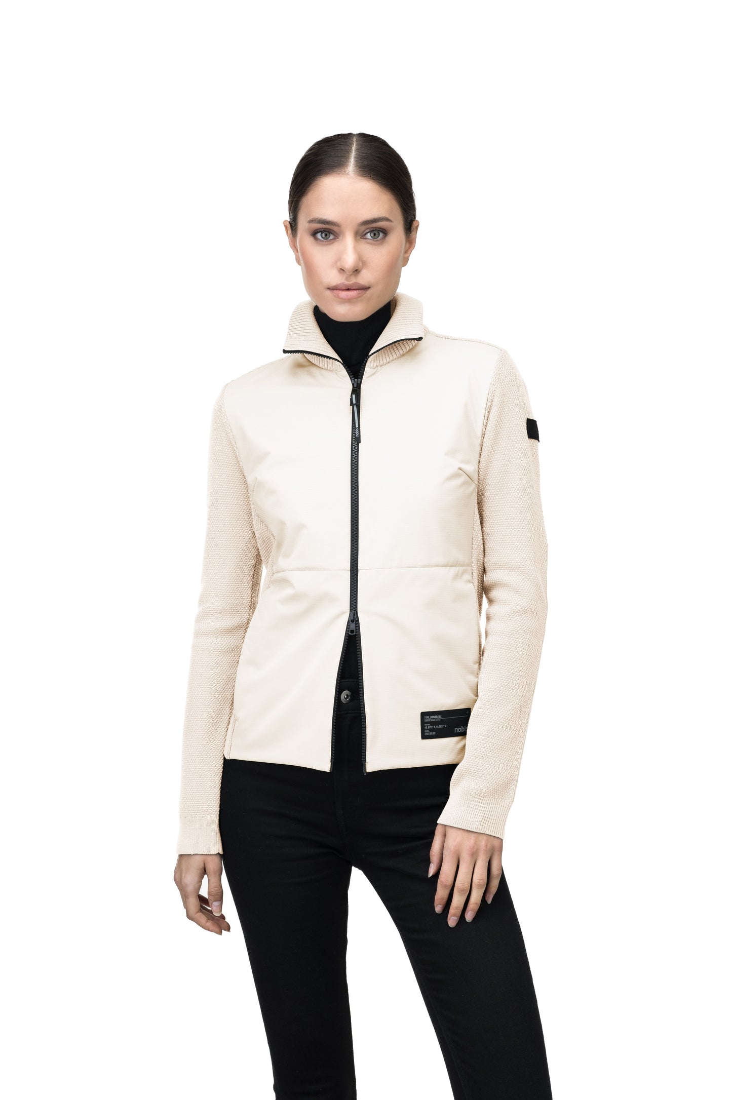 Evo Ladies Performance Full Zip Sweater in hip length, Primaloft Gold Insulation Active+, Merion wool knit collar, sleeves, back, and cuffs, two-way front zipper, and hidden waist pockets, in Chalk