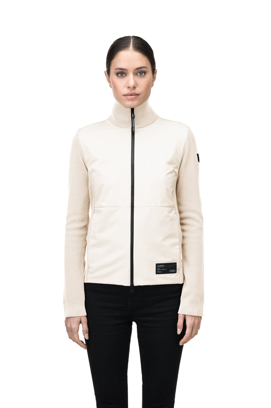 Evo Ladies Performance Full Zip Sweater in hip length, Primaloft Gold Insulation Active+, Merion wool knit collar, sleeves, back, and cuffs, two-way front zipper, and hidden waist pockets, in Chalk + Chalk / XS