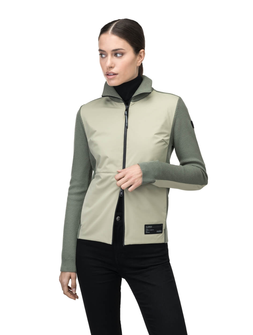 Evo Ladies Performance Full Zip Sweater in hip length, Primaloft Gold Insulation Active+, Merion wool knit collar, sleeves, back, and cuffs, two-way front zipper, and hidden waist pockets, in Tea