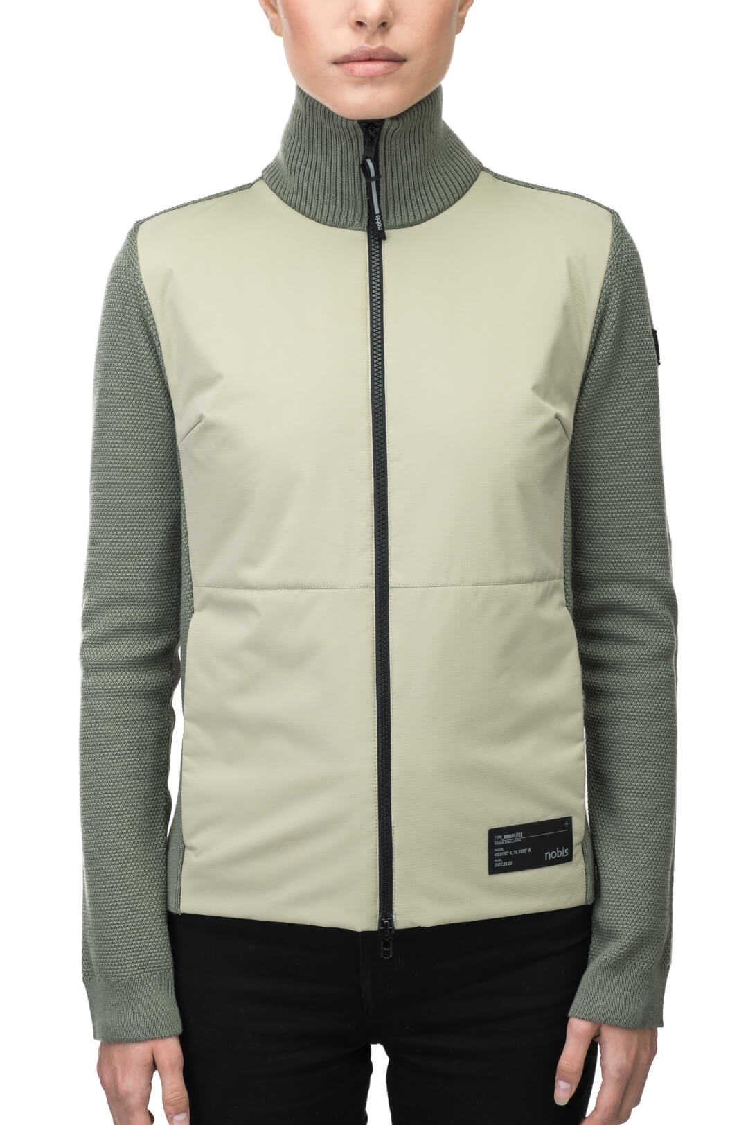 Evo Ladies Performance Full Zip Sweater in hip length, Primaloft Gold Insulation Active+, Merion wool knit collar, sleeves, back, and cuffs, two-way front zipper, and hidden waist pockets, in Tea