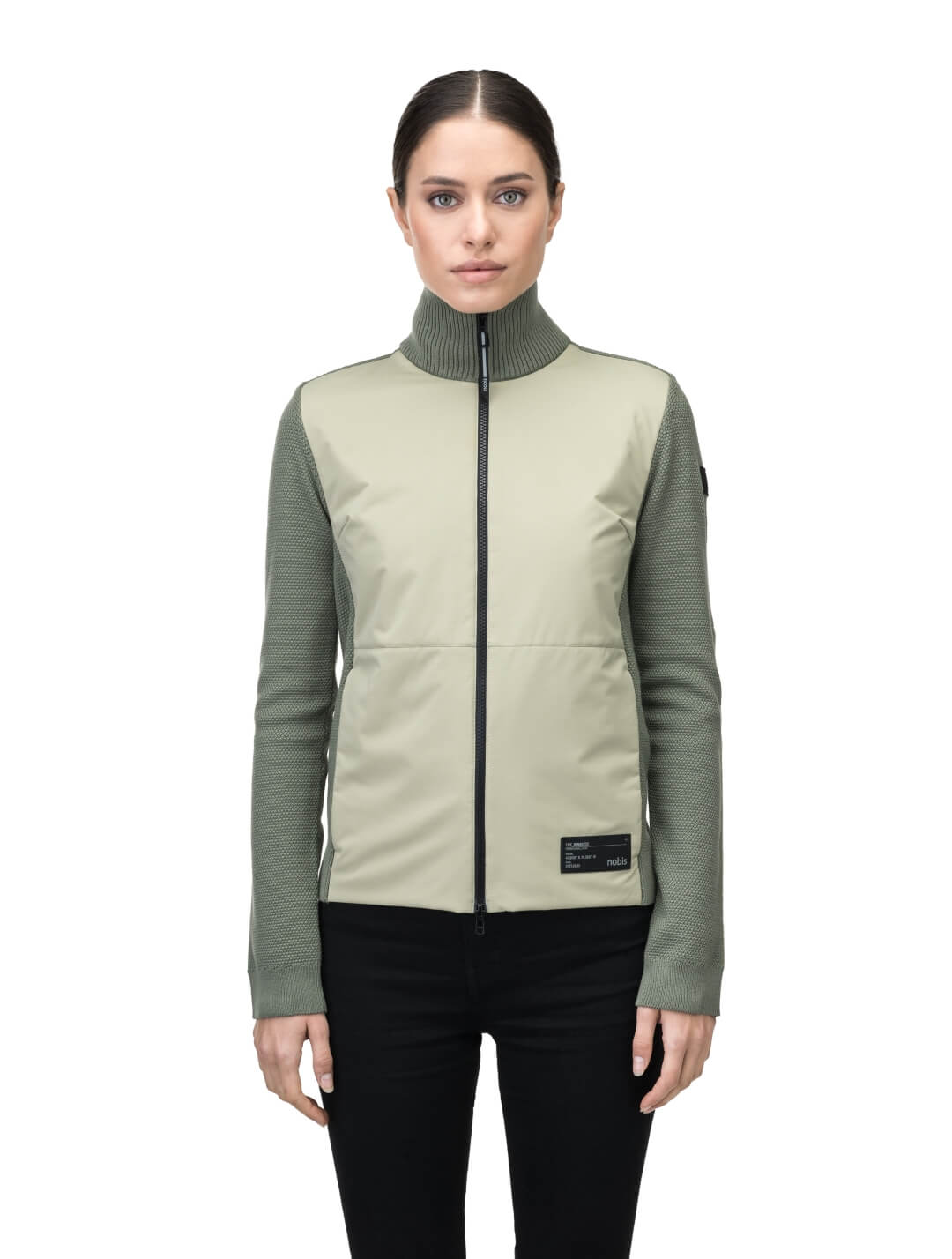 Evo Ladies Performance Full Zip Sweater in hip length, Primaloft Gold Insulation Active+, Merion wool knit collar, sleeves, back, and cuffs, two-way front zipper, and hidden waist pockets, in Tea