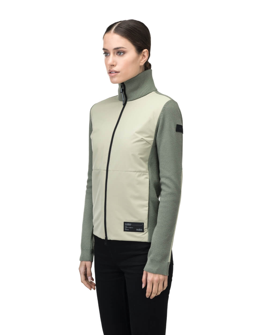 Evo Ladies Performance Full Zip Sweater in hip length, Primaloft Gold Insulation Active+, Merion wool knit collar, sleeves, back, and cuffs, two-way front zipper, and hidden waist pockets, in Tea