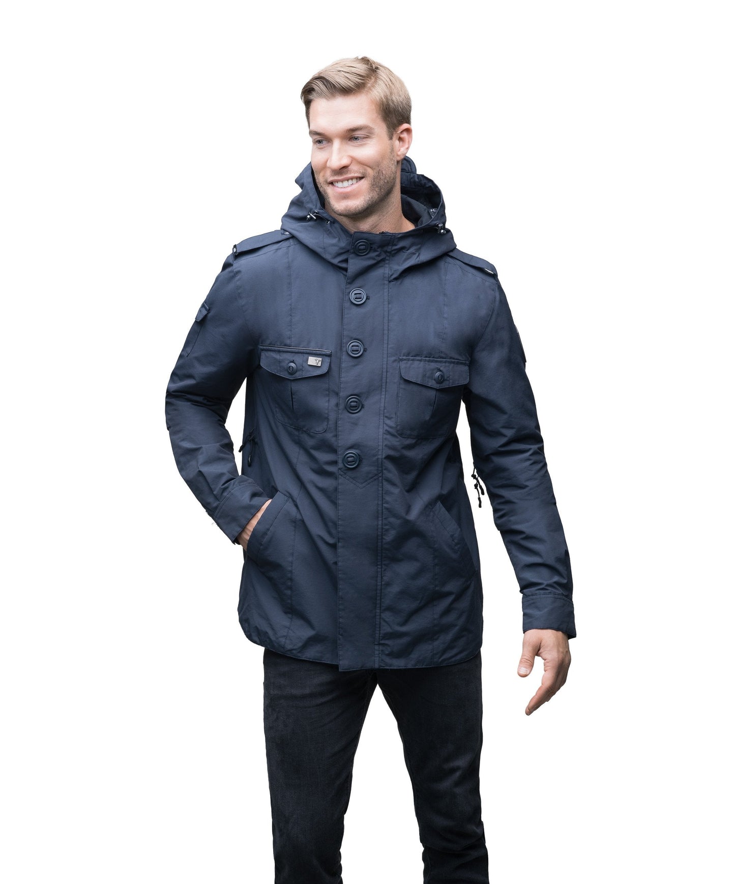 Men's hooded shirt jacket with patch chest pockets in Navy