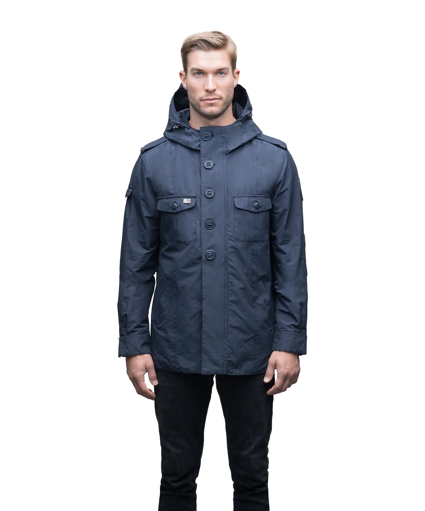 Men's hooded shirt jacket with patch chest pockets in Navy