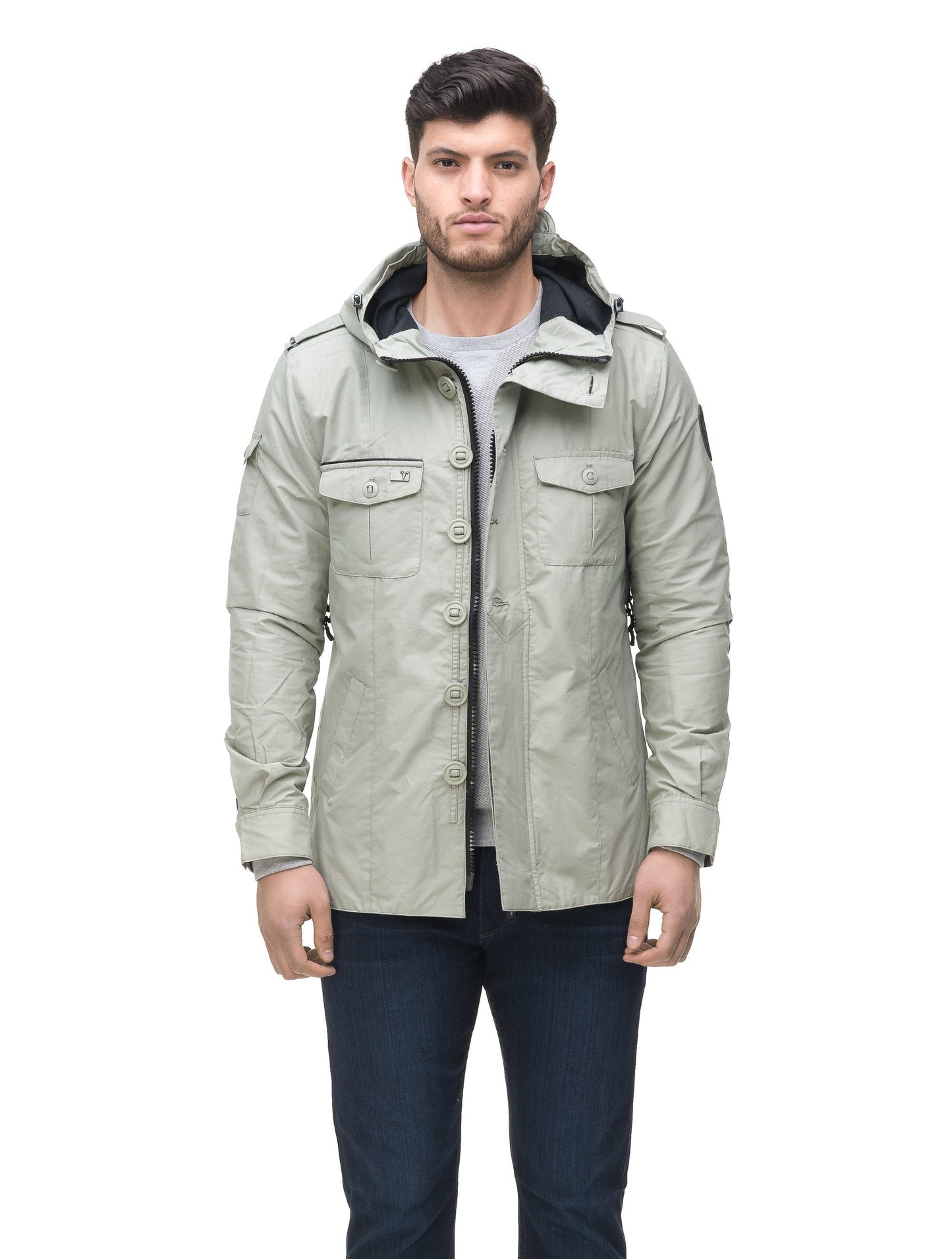 Men's hooded shirt jacket with patch chest pockets in Light Grey