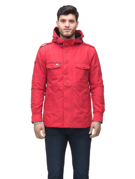 Men's hooded shirt jacket with patch chest pockets in Red