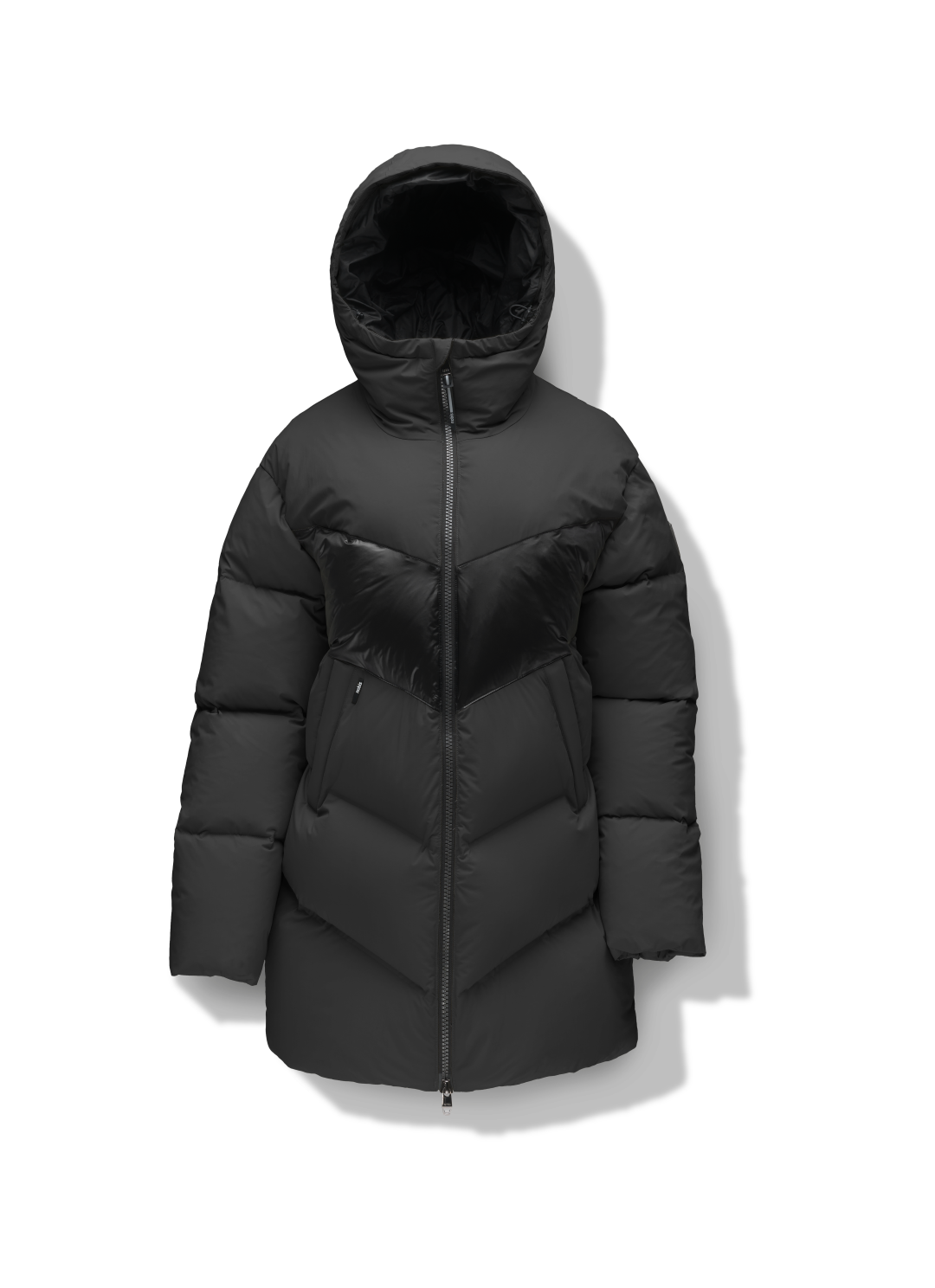 Isla Women's Chevron Quilted Puffer Jacket in thigh length, premium technical nylon taffeta fabrication, Premium Canadian origin White Duck Down insulation, non-removable down-filled hood, two-way centre-front zipper, zipper pockets at waist, contrast cire technical nylon taffeta detailing on chest and back, in Black