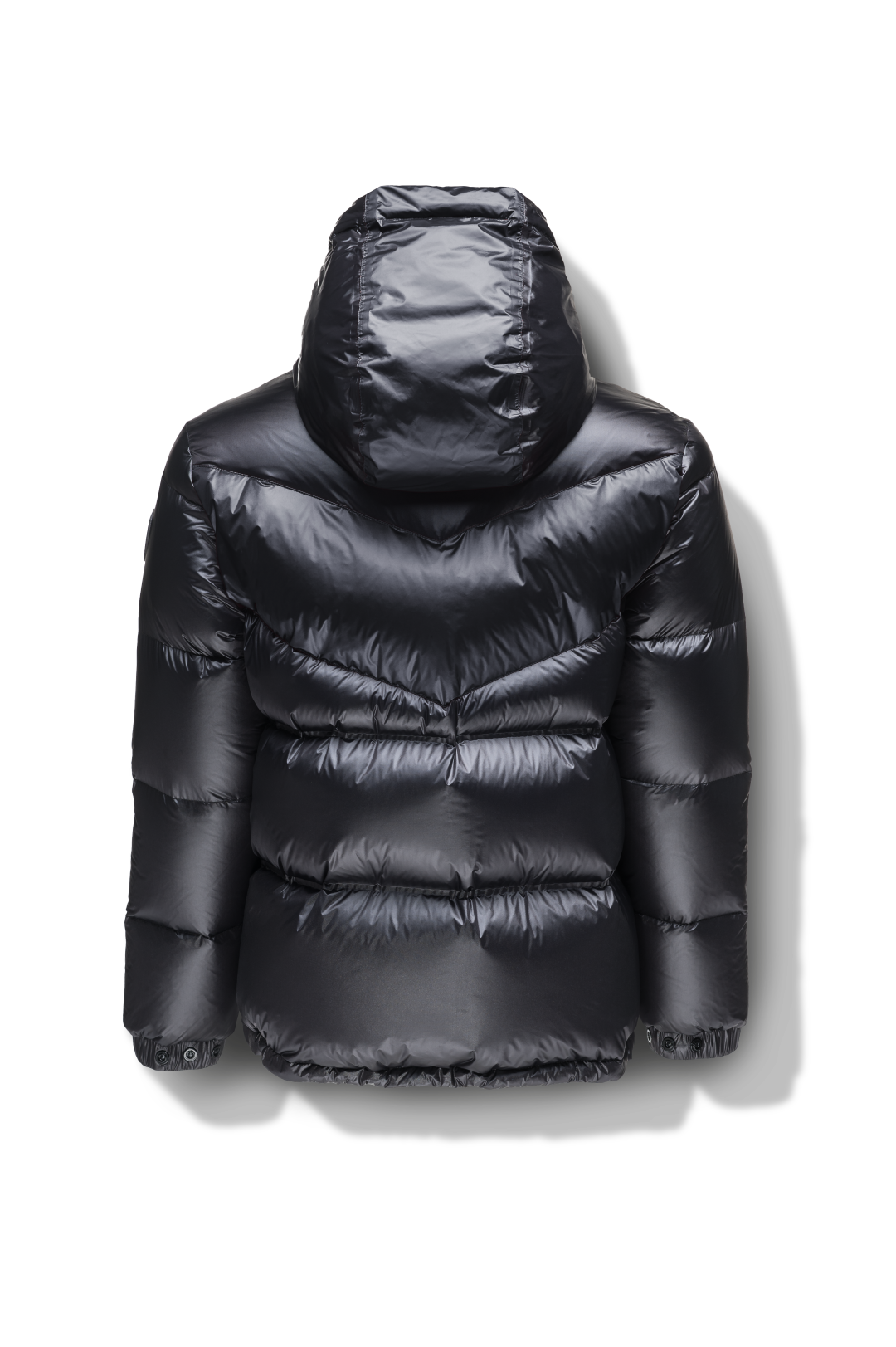 Dyna Men's Chevron Quilted Puffer Jacket in hip length, premium cire technical nylon taffeta fabrication, Premium Canadian origin White Duck Down insulation, non-removable down-filled hood, two-way centre-front zipper, fleece-lined zipper pockets at waist, pit zipper vents, in Black