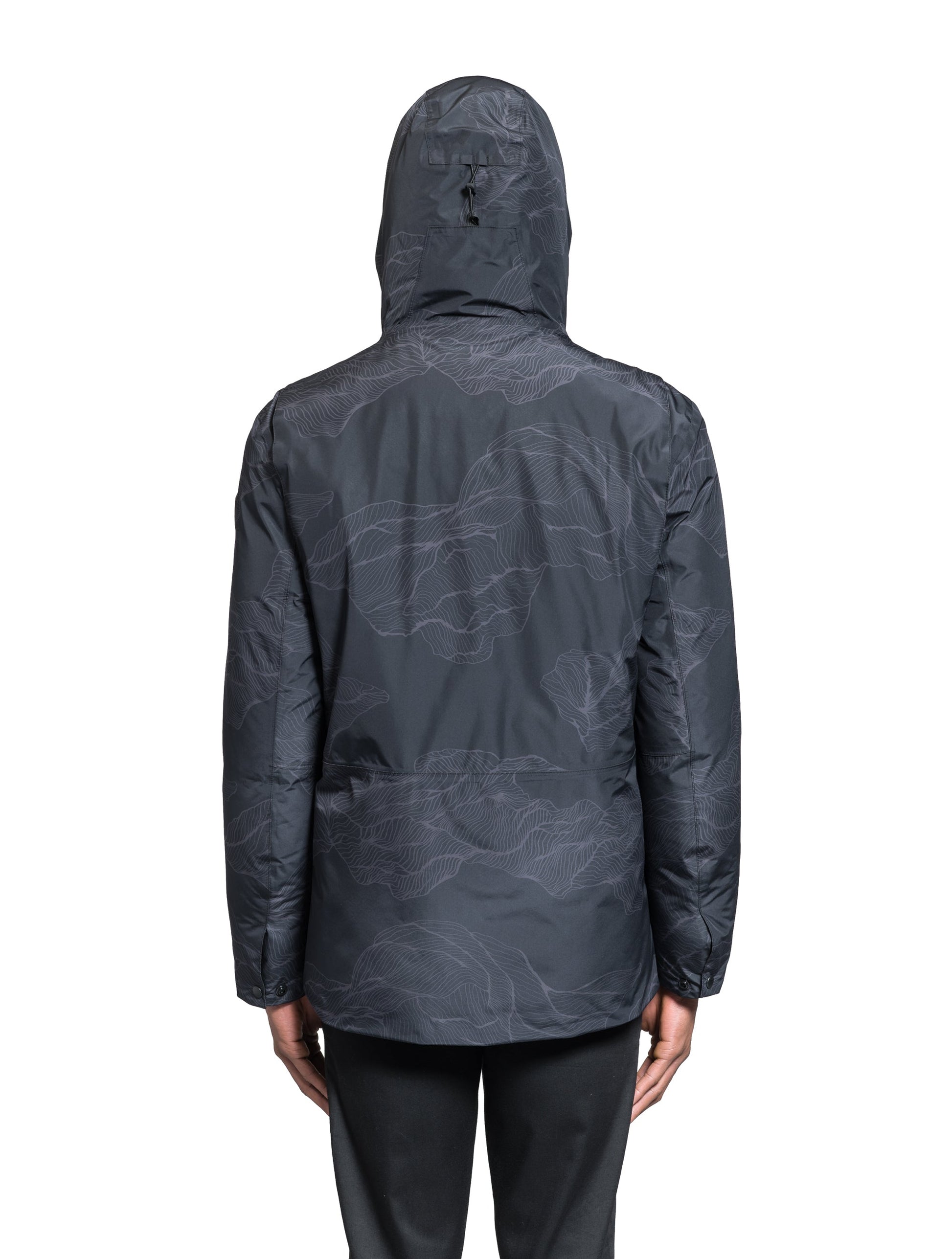 Geo Men's Short Parka in hip length, Canadian duck down insulation, non-removable hood, and two-way zipper, in Dark Desert