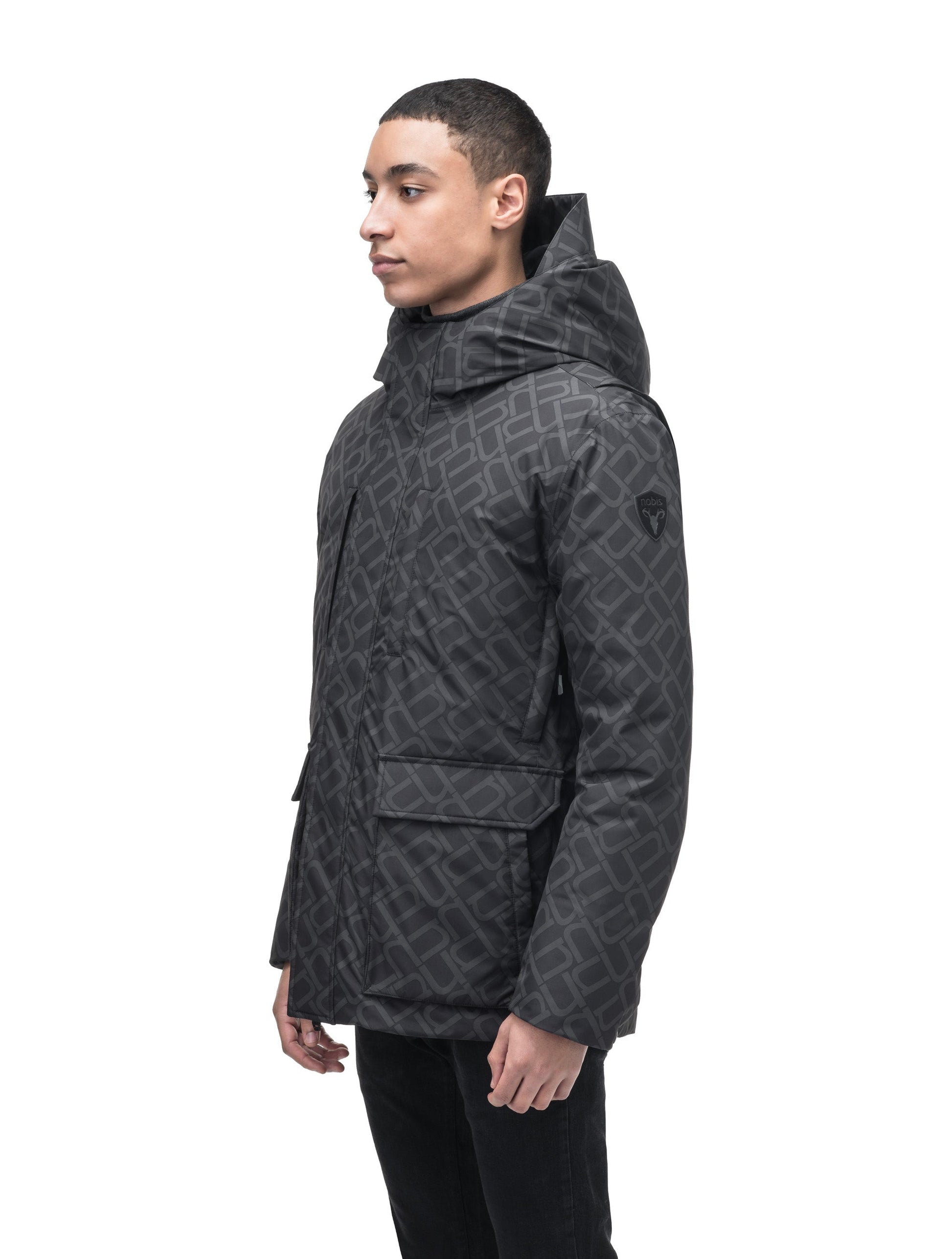 Geo Men's Short Parka in hip length, Canadian duck down insulation, non-removable hood, and two-way zipper, in Dark Monogram