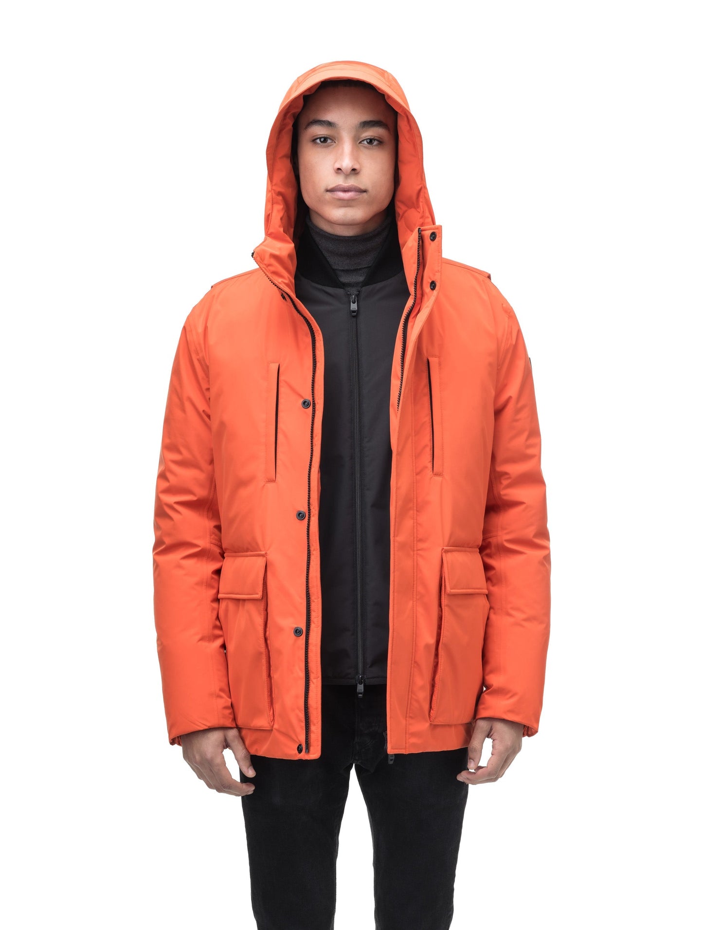 Geo Men's Short Parka in hip length, Canadian duck down insulation, non-removable hood, and two-way zipper, in Terracotta