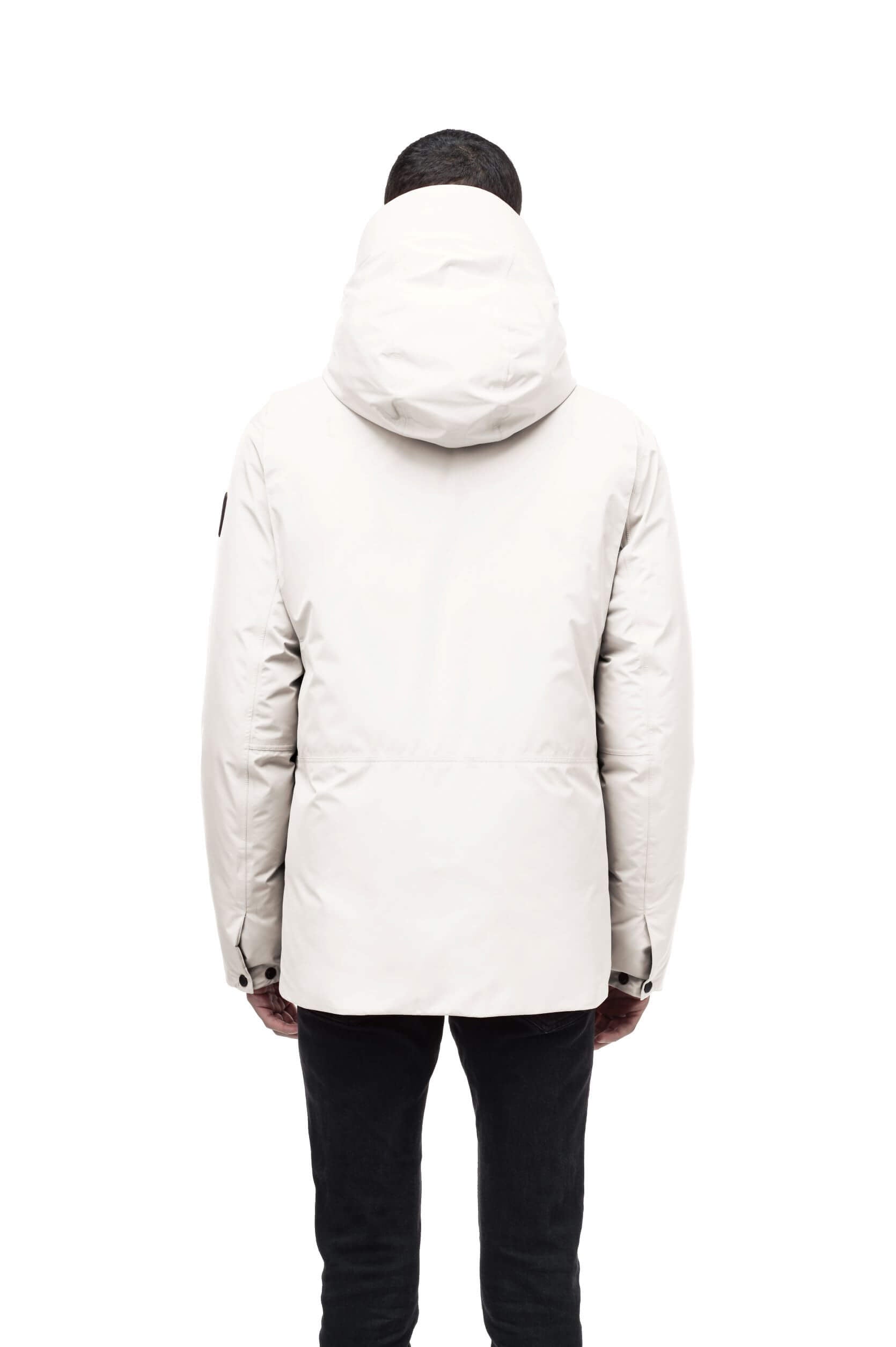 Geo Men's Short Parka in hip length, Canadian duck down insulation, non-removable hood, and two-way zipper, in Wheat