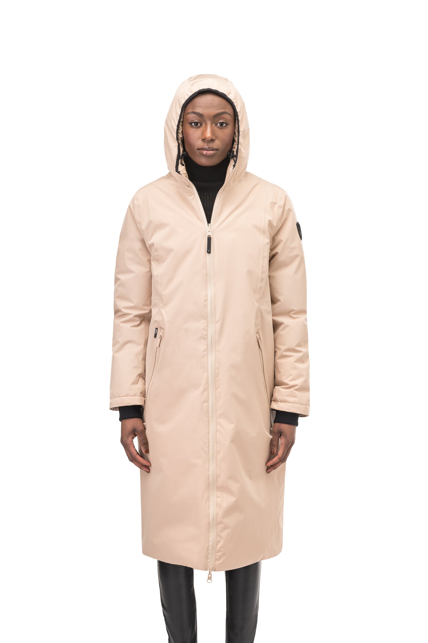 Ladies knee length reversible down-filled parka with non-removable hood in Fawn