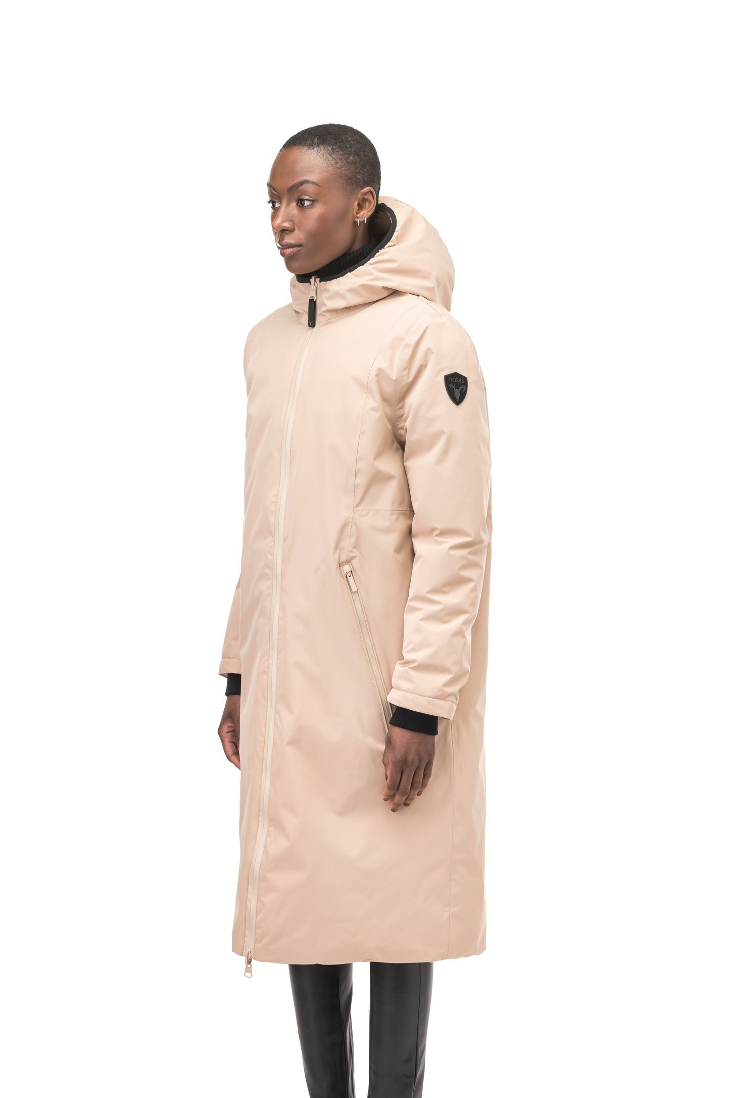 Ladies knee length reversible down-filled parka with non-removable hood in Fawn