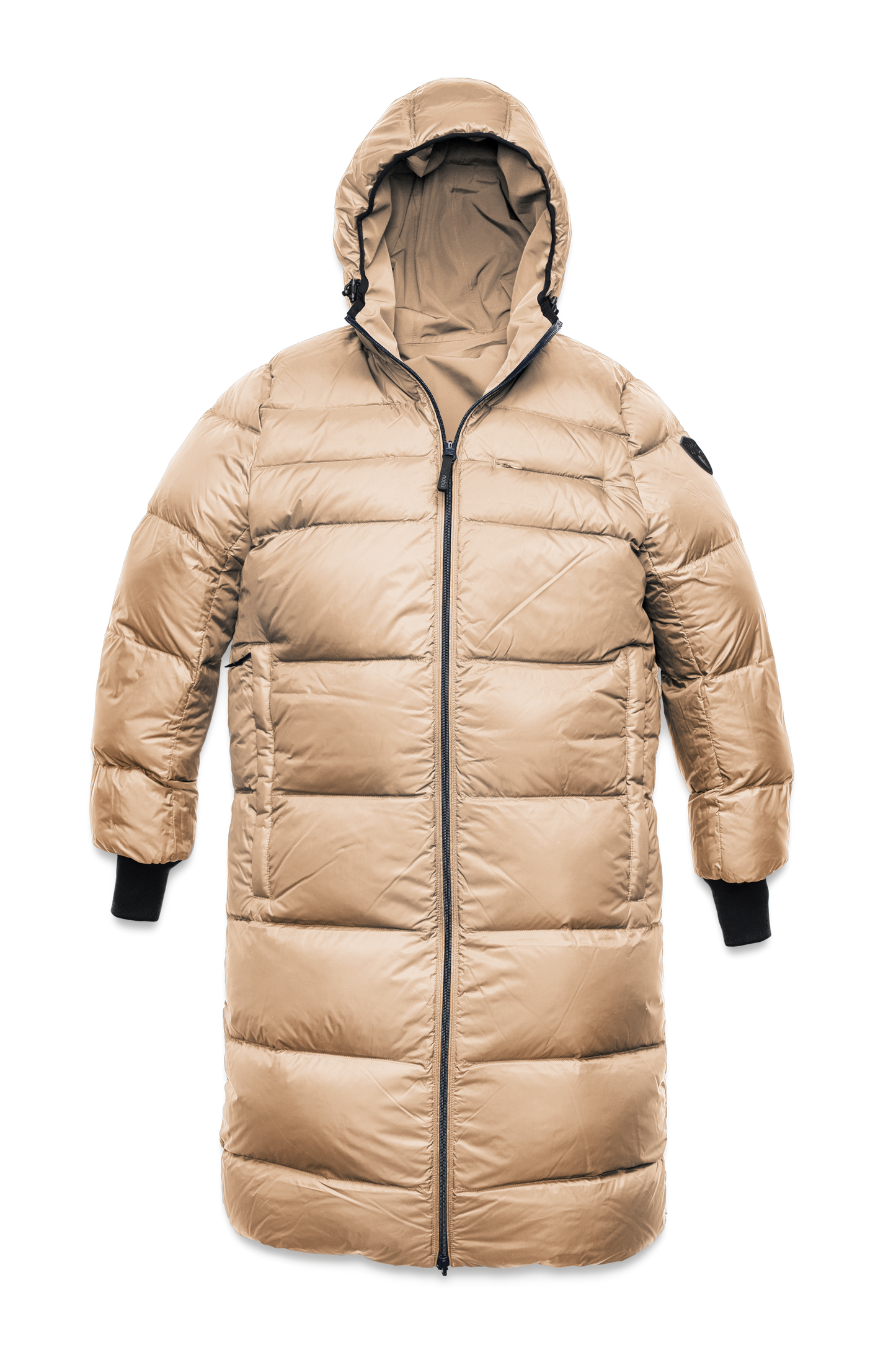 Ladies knee length reversible down-filled parka with non-removable hood in Fawn