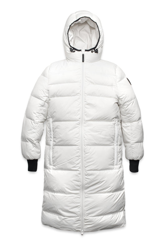 Ladies knee length reversible down-filled parka with non-removable hood in Chalk + Chalk