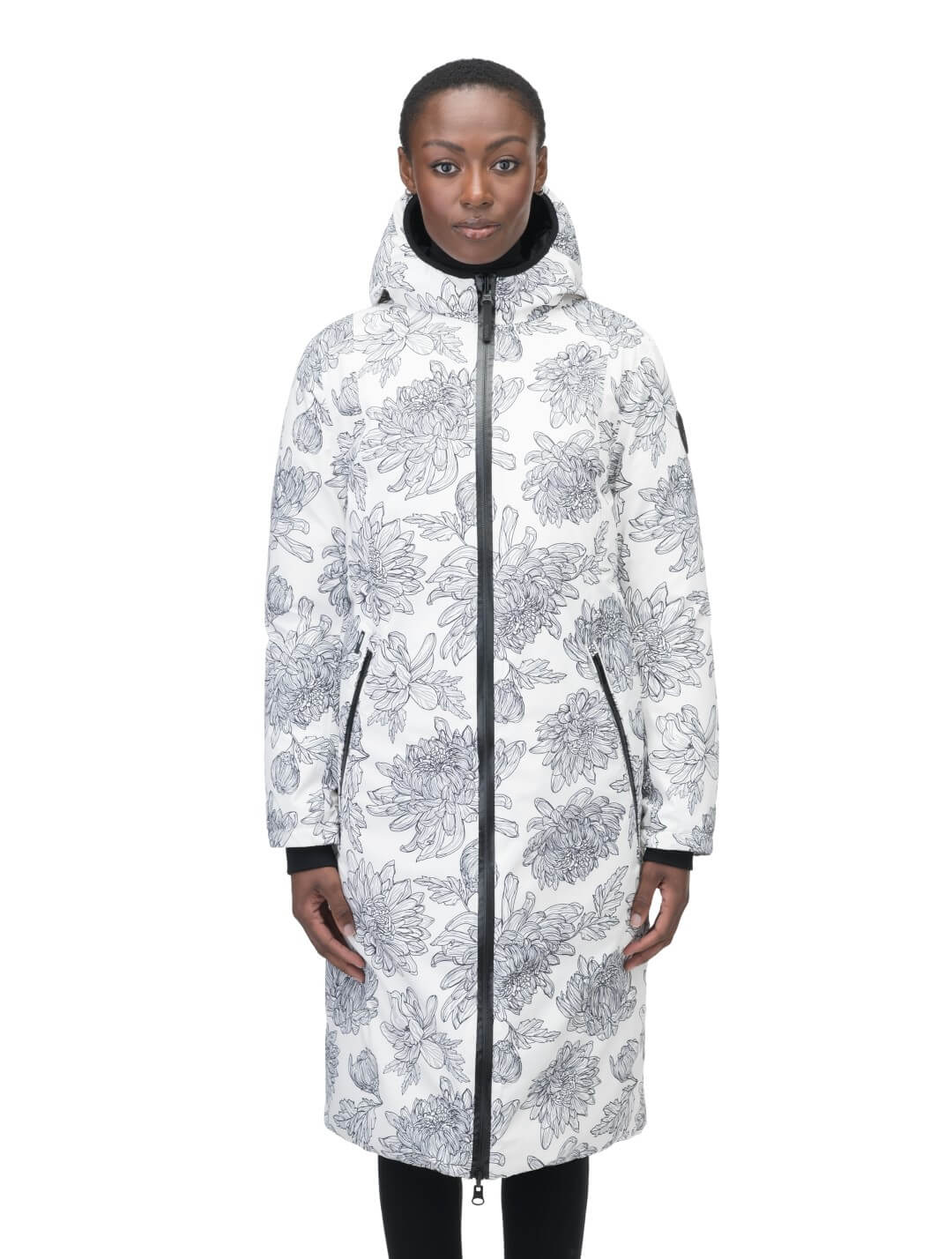 Ladies knee length reversible down-filled parka with non-removable hood in White Floral